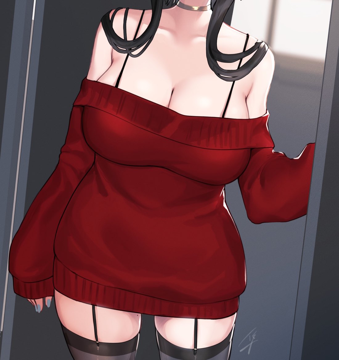 1girls, artist signature, assassin, big breasts, black hair, blue nails, breasts, cleavage, cropped, doorway, female, huge breasts, large breasts, legwear, long black hair, long hair, marauder6272, necklace, neckwear, red sweater, signature, solo, spy x family, stockings, thick thighs, thorn princess, unseen female face, wide hips, yor briar, yor forger