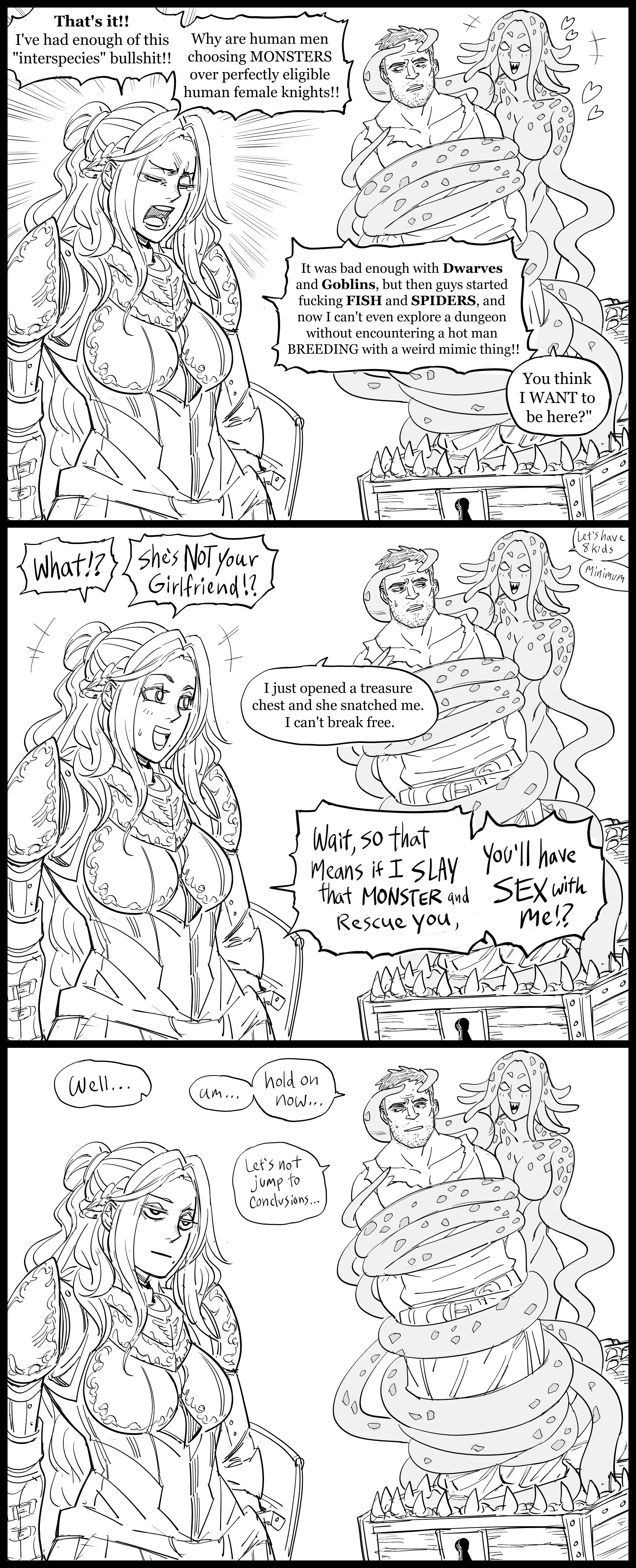 1boy, 2girls, absurd res, bb (baalbuddy), black and white, comic strip, consensual bondage, consensual tentacles, consentacles, dialogue, english text, female, female knight, funny, humor, knight, male, mimic, mimic chest, monochrome, monster girl, shield, speech bubble, tagme, three panels, virginia kissless (baalbuddy), white background