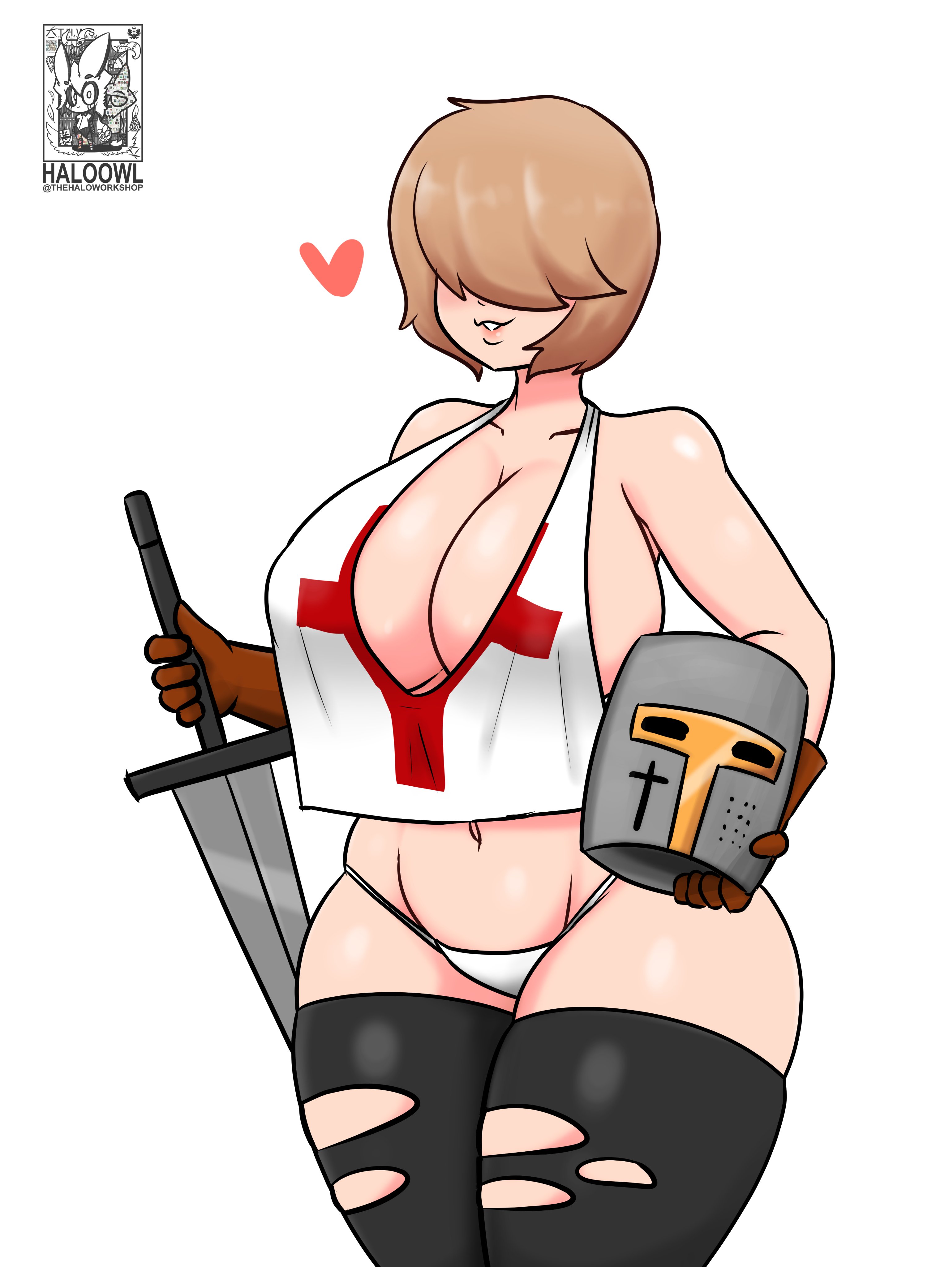 1girls, artist logo, artist name, big breasts, breasts, cleavage, collarbone, crusader, female, female only, gloves, hair over eyes, haloowl, heart, helmet, holding sword, huge breasts, medieval armour, original, short hair, smile, solo, solo female, standing, sword, tagme, thighhighs, torn thighhighs, white background
