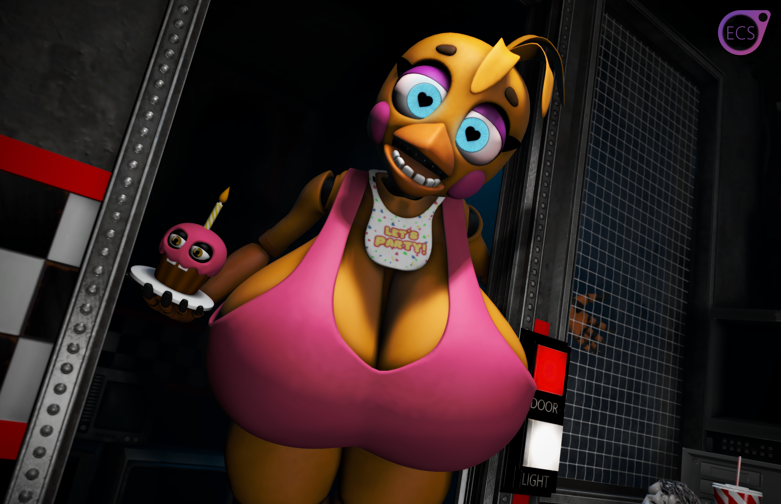 1girls, 3d, animatronic, big breasts, breasts, clothing, cupcake (fnaf), female, female focus, female only, five nights at freddy's, five nights at freddy's 2, highres, huge breasts, hyper, hyper breasts, scottgames, solo, thordersfm, toy chica (fnaf), yellow skin