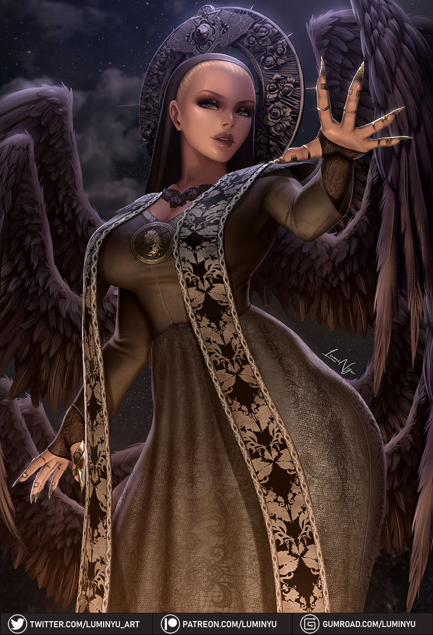 1girls, big breasts, black wings, blonde female, blonde hair, breasts, capcom, claws, cleavage, clothed, collar, dress, feathered wings, female, female focus, female only, gold, grey eyes, hair ornament, hips, jewelry, large breasts, lips, lipstick, looking at viewer, luminyu, mature, mature female, mother miranda (resident evil), nun, nun outfit, nun's habit, resident evil, resident evil 8: village, scarf, solo, solo female, solo focus, white skin, wings, yellow hair
