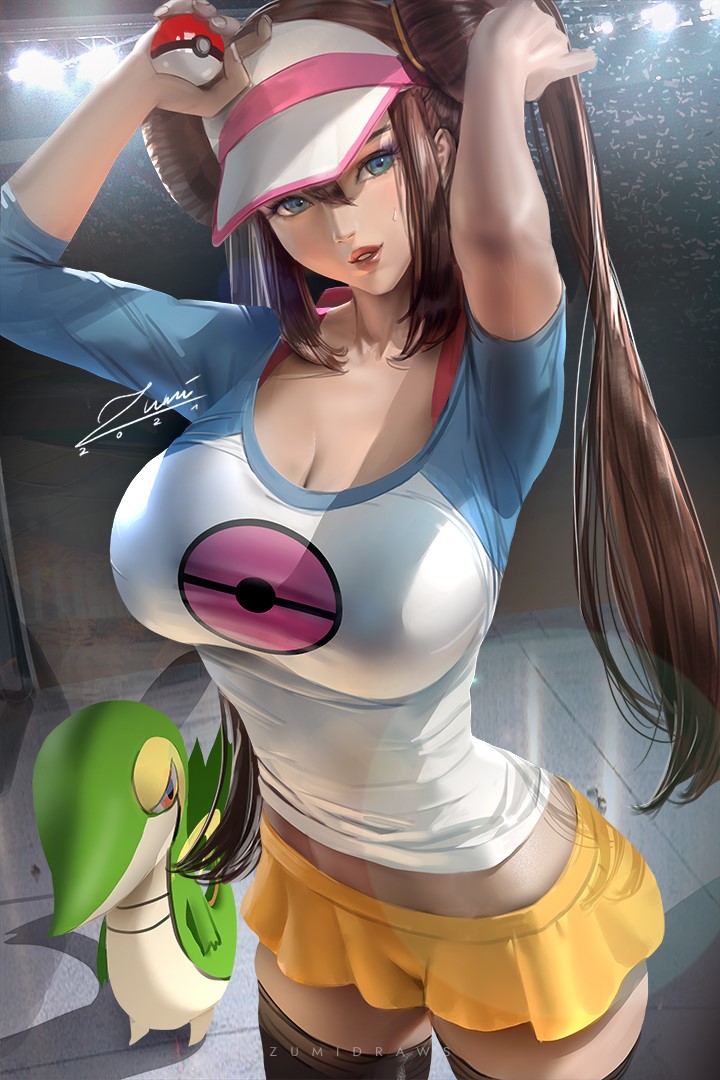 1girls 2021 alternate_breast_size bare_midriff blue_eyes brown_hair cleavage female human large_breasts long_hair looking_at_viewer miniskirt nintendo open_mouth pokeball pokemon pokemon_(species) pokemon_bw2 raised_arm raised_arms rosa_(pokemon) shadow signature smile snivy stadium sweat teeth thighhighs thin_waist tight_clothing twintails yellow_miniskirt yellow_skirt zumi