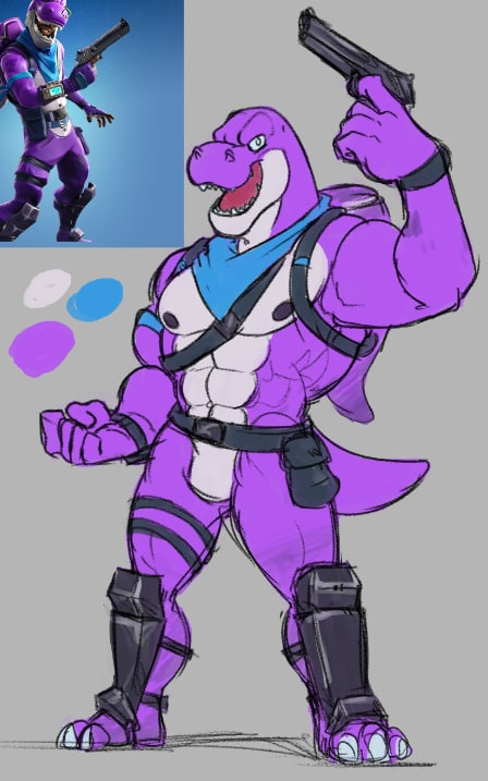 abs anthro anthrofied bronto_(fortnite) dinosaur fortnite gay looking_at_viewer male male_only muscular nipples pecs scalie solo thetorajay video_games