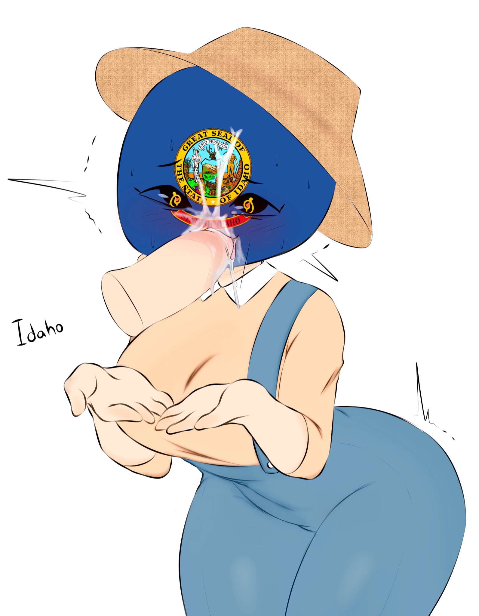 1boy, 1girls, anon, anthro, arms, ass, big ass, big breasts, blowjob, blowjob face, blue overalls, breasts, brown hat, clothed, clothed female, clothed sex, clothing, countryhumans, countryhumans girl, cum, cum in mouth, cum on face, cum on tongue, cumming, cumming in mouth, disembodied penis, enjoying, fellatio, female, female focus, flawsy, hands, hat, headwear, heart-shaped pupils, hearts, idaho (countryhumans), licking, licking penis, light skin, light-skinned female, light-skinned male, looking at partner, looking at viewer, looking pleasured, male, motion lines, open mouth, oral, oral sex, penis, penis in mouth, pleasure, pleasure face, pleasured, saliva, saliva on penis, simple background, statehumans, statehumans girl, sucking, sucking penis, sweat, tagme, thick ass, thick legs, thick thighs, thighhighs, thighs, twitch lines, united states of america (countryhumans), white background