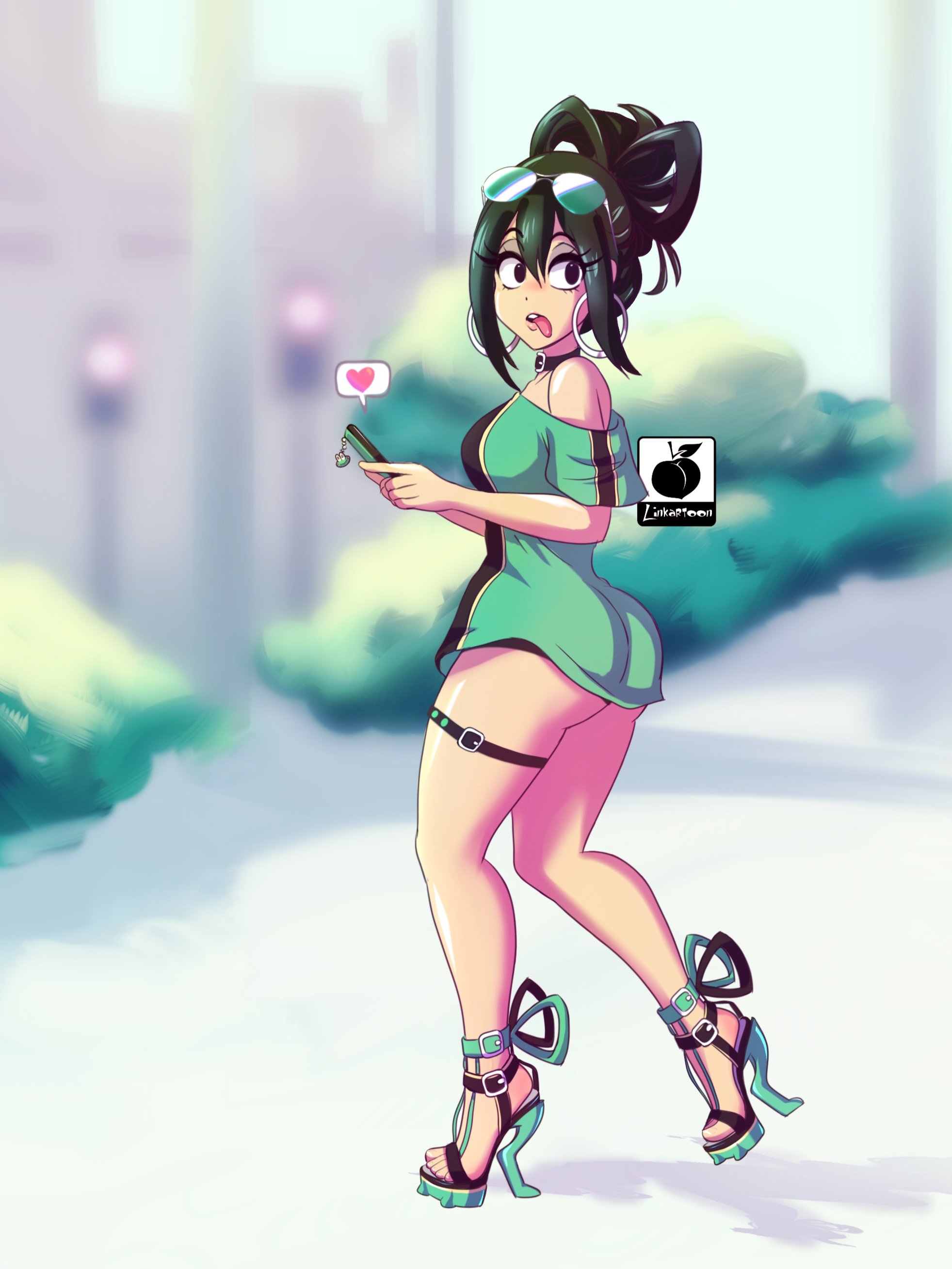 1girls, ass, choker, clothed, collar, female, female only, high heels, linkartoon, looking at viewer, my hero academia, open toe shoes, shounen jump, sidelocks, simple background, solo, stiletto heels, thick ass, thick thighs, thigh strap, tsuyu asui, very high heels
