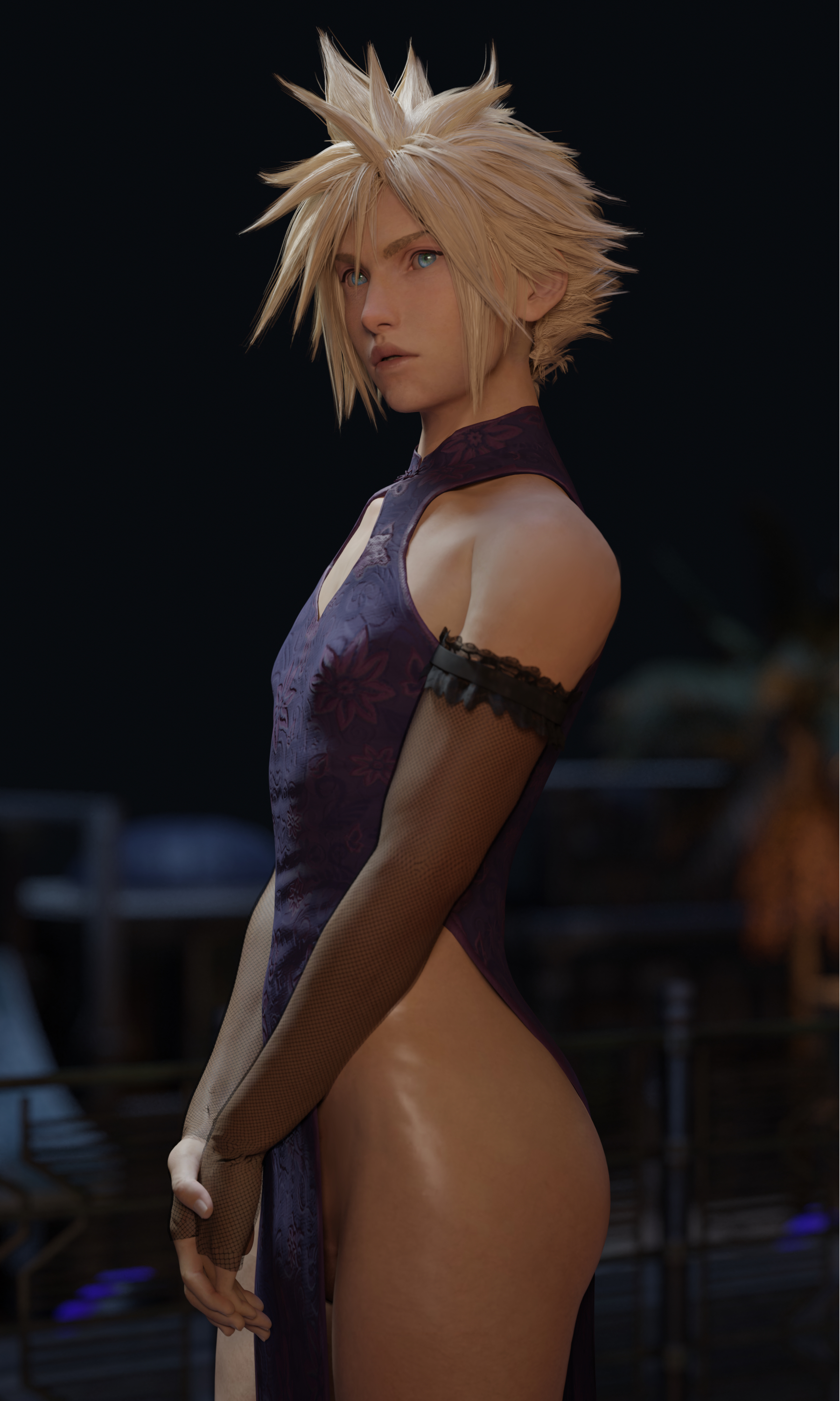 1boy, 3d, blonde hair, blue eyes, bottomless, china dress, cloud strife, crossdressing, dress, emberstock, femboy, final fantasy, final fantasy vii, final fantasy vii remake, gay, girly, light skin, light-skinned femboy, light-skinned male, male, male only, pelvic curtain, shiny skin, sissy, solo, solo male, trap, twink, yaoi