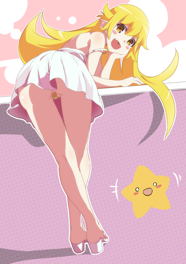 :d ass bandaid bandaid_on_pussy bent_over blonde_hair blush_stickers cute dress female gesugesu_ahoaho head_rest legs_crossed looking_at_viewer looking_back monogatari_(series) no_panties oerba_yun_fang open_mouth oshino_shinobu outline pink_dress pointy_ears polka_dot polka_dot_background shadow shoes short_dress sleeveless sleeveless_dress smile solo star_(symbol) strap_slip thigh_gap upskirt white_outline yellow_eyes