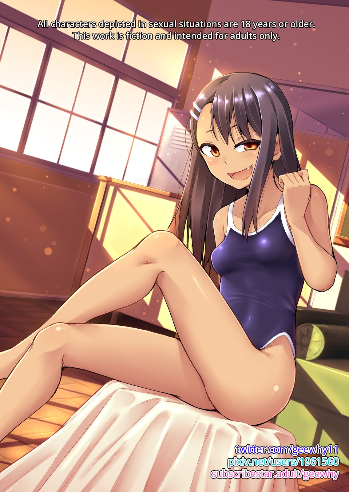 1girls, black hair, blush, breasts, brown eyes, comic, doujinshi, english text, female, female focus, female only, ghettoyouth, hayase nagatoro, hi res, long hair, looking at viewer, one-piece swimsuit, please don't bully me, nagatoro, revealing clothes, small breasts, swimsuit, tan, tanned skin, text