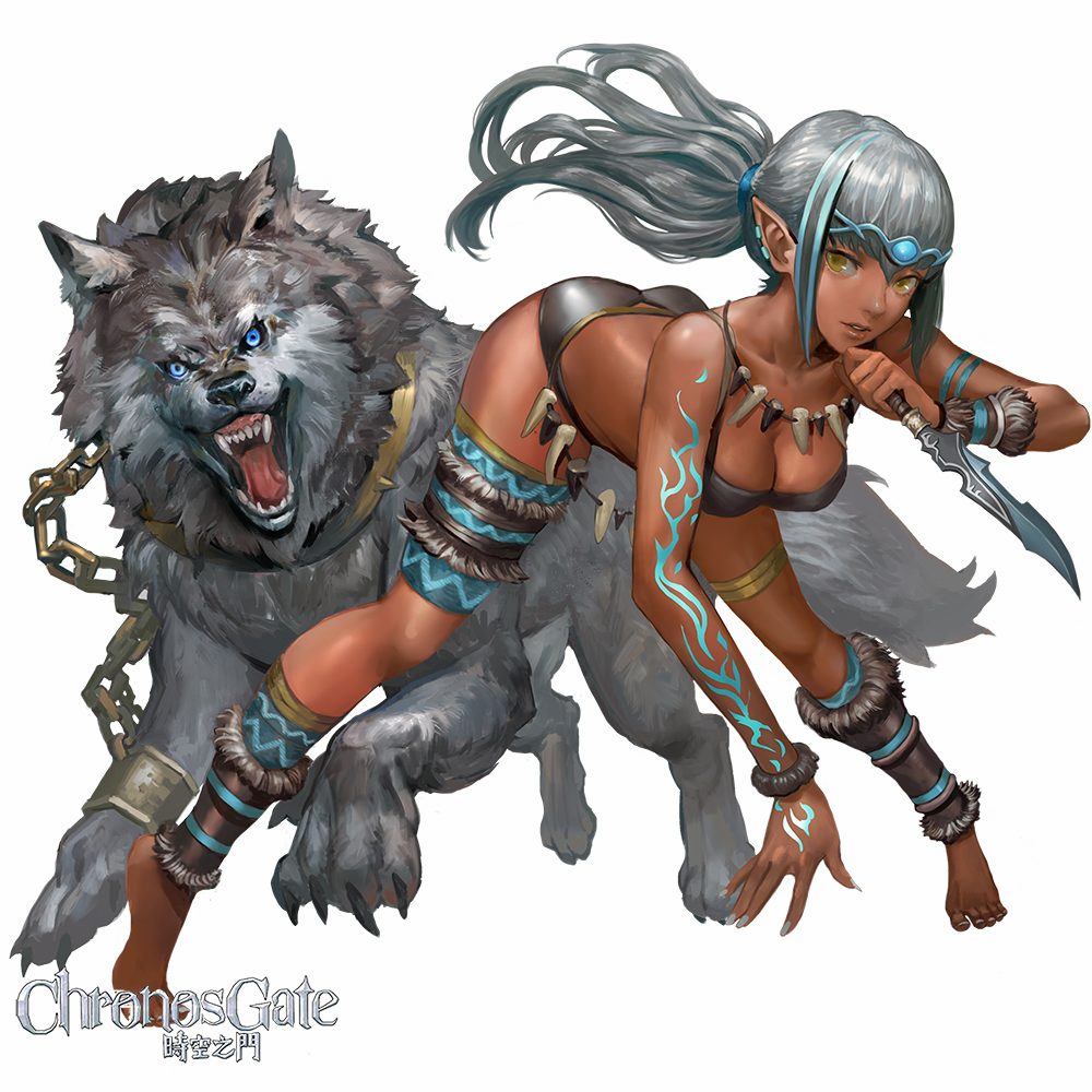 1girls ass barefoot bent_over bikini blue_eyes breasts brown_skin chronos_gate circlet cleavage collarbone danann dark-skinned_female dark_elf dark_skin elf feet female female_focus fingernails high_ponytail jewelry knife leg_warmers long_hair looking_at_viewer medium_breasts necklace official_art original painted_nails piercings pointy_ears ponytail revealing_clothes silver_hair solo_focus spread_legs tattoo thighlet toes tribal wolf yellow_eyes