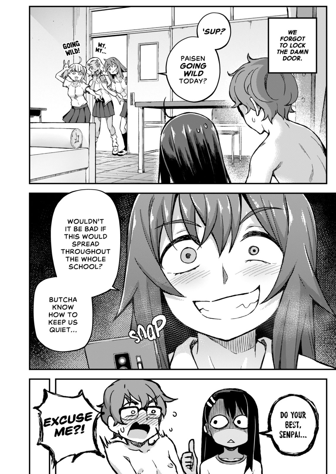1boy, 4girls, big breasts, blush, breasts, clothed, clothing, comic, comic page, doujinshi, english text, female, femdom, gamo-chan, ghettoyouth, glasses, hayase nagatoro, male, monochrome, naoto hachioji (senpai), nude, open mouth, please don't bully me, nagatoro, sakura (nagatoro), tan, tanned, tanned skin, text, yoshi (nagatoro)