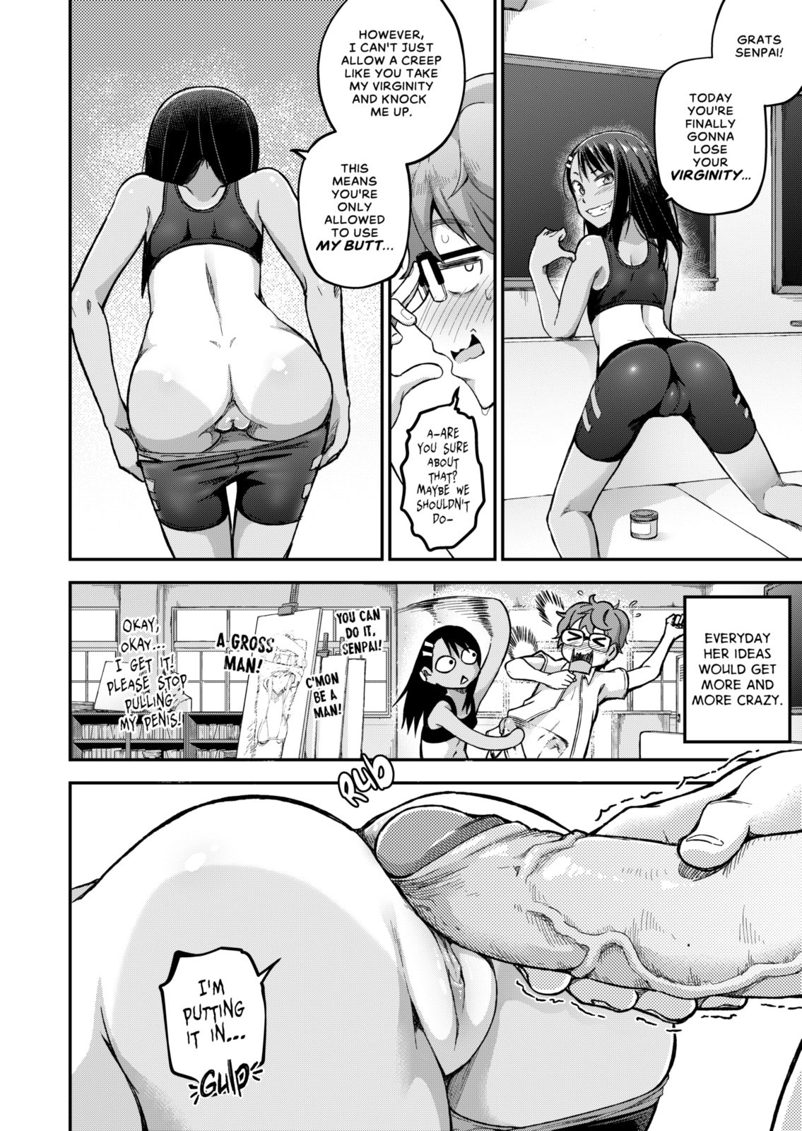 1boy, 1girls, all fours, black hair, blush, comic, comic page, doujinshi, english text, erection, female, ghettoyouth, hayase nagatoro, imminent oral, long hair, male, monochrome, naoto hachioji (senpai), penis, please don't bully me, nagatoro, president (nagatoro), pubic hair, pussy, sana sunomiya, shaking, smile, tan, tan skin, tanline, text, uncensored, undressing, veiny penis