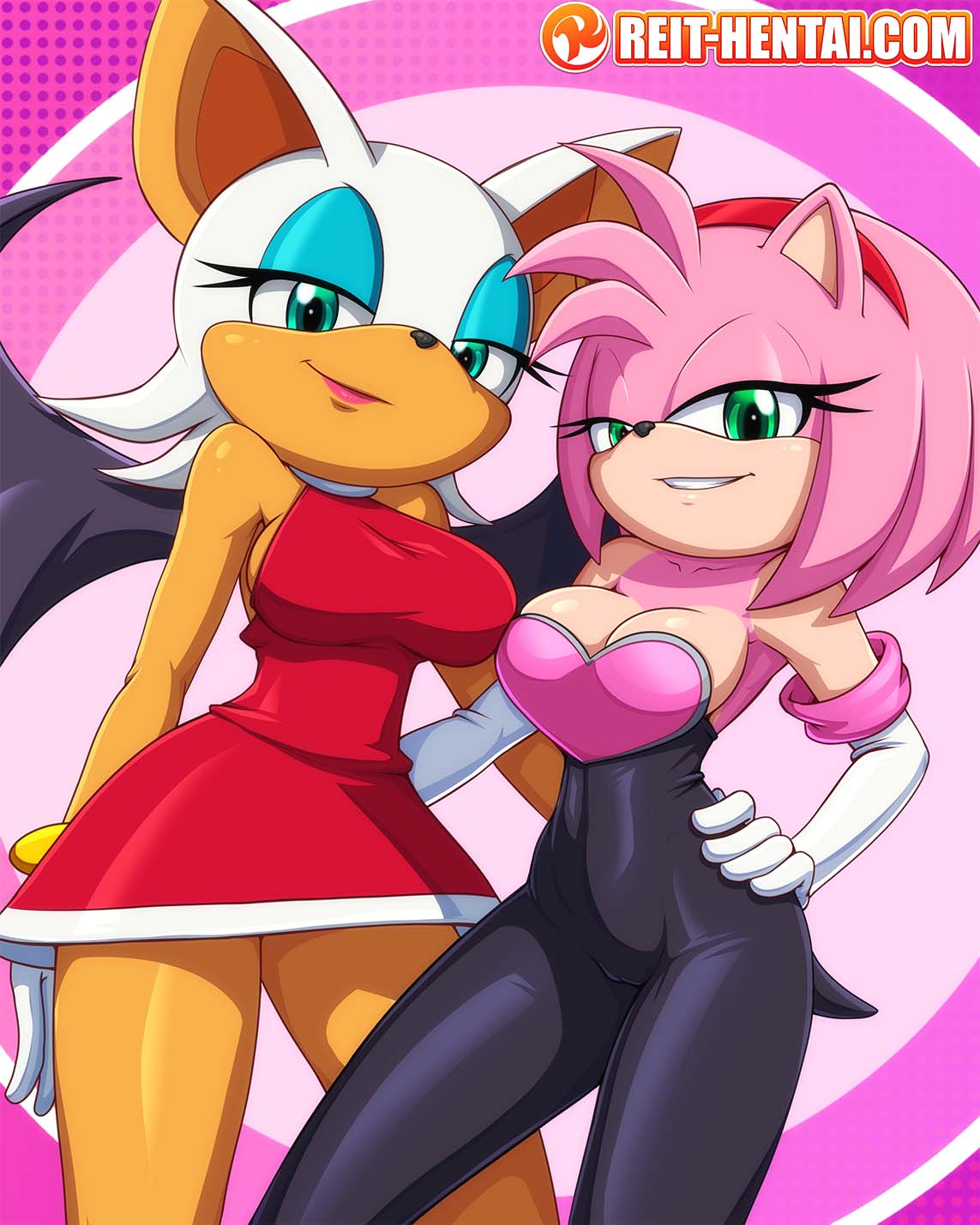 2girls amy_rose amy_rose_(cosplay) amy_the_bat anthro anthro_only background big_breasts breasts cameltoe cleavage clothed clothing cosplay costume_switch dress elbow_gloves eyeliner eyeshadow female female_only fur furry furry_only looking_at_viewer makeup medium_breasts miniskirt pink_fur red_dress reit rouge_rose rouge_the_bat rouge_the_bat_(cosplay) skirt sonic_(series) tail thick_thighs tight_clothing watermark wings