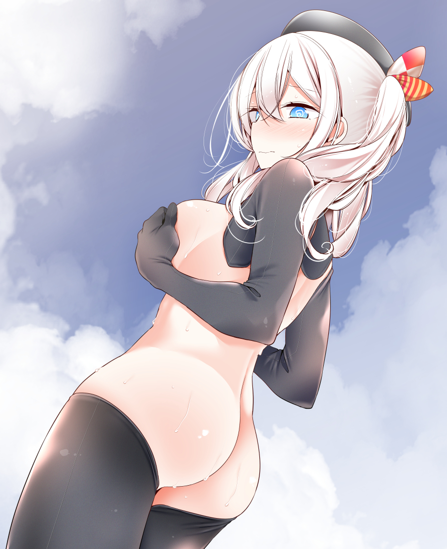 @_@ ass back bangs beret black_gloves black_headwear black_legwear blue_eyes blue_sky blush breasts closed_mouth cloud commentary_request covering covering_breasts day elbow_gloves eyebrows_visible_through_hair female from_behind frown gloves hat kantai_collection kashima_(kantai_collection) long_hair looking_at_viewer looking_back medium_breasts nude oouso outdoors reverse_bunnysuit reverse_outfit revision seamed_legwear side-seamed_legwear silver_hair sky solo sweat thighhighs twintails wavy_mouth