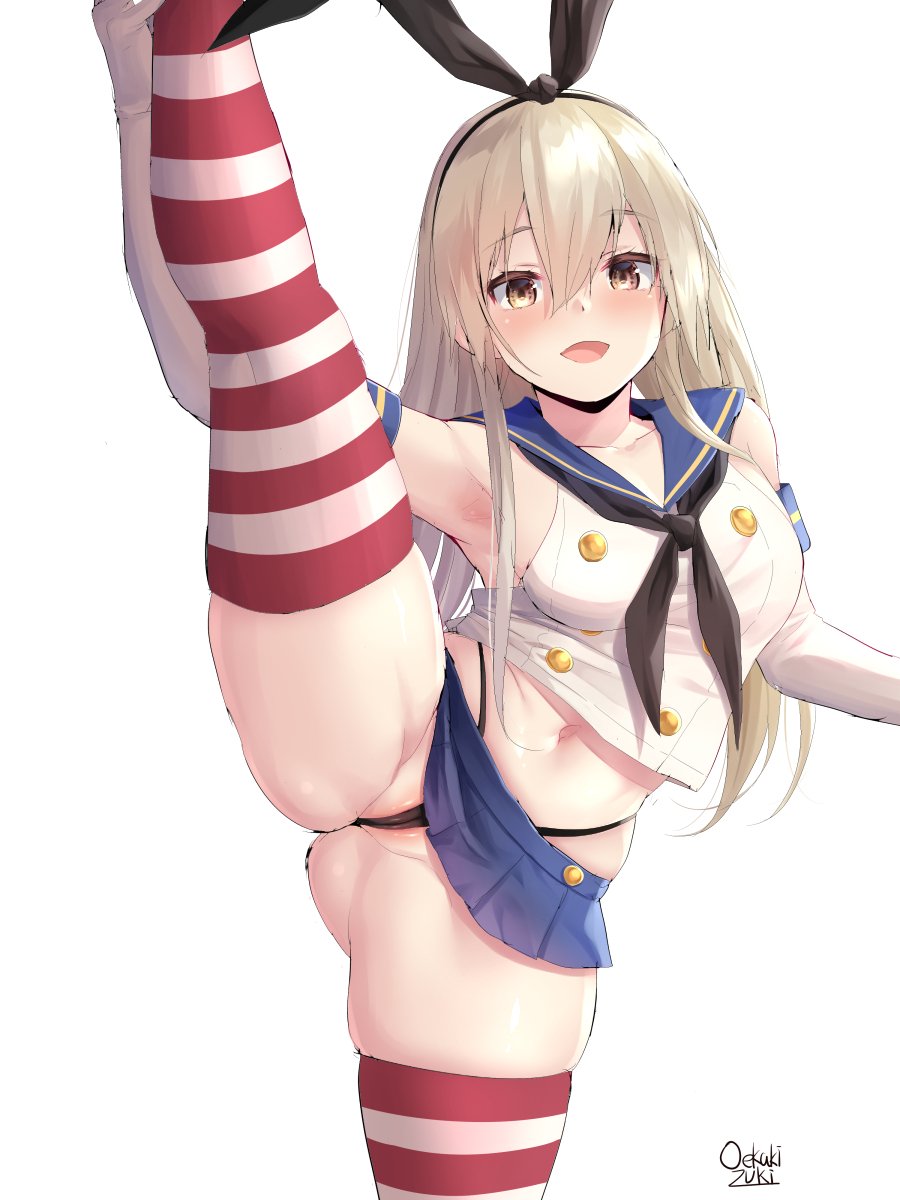 1girls, armpits, cute, female, female only, hair, high waisted thong, kantai collection, oekakizuki, panties, shimakaze (kantai collection), skindentation, smile, solo, standing split, suggestive, thick thighs, thighhighs