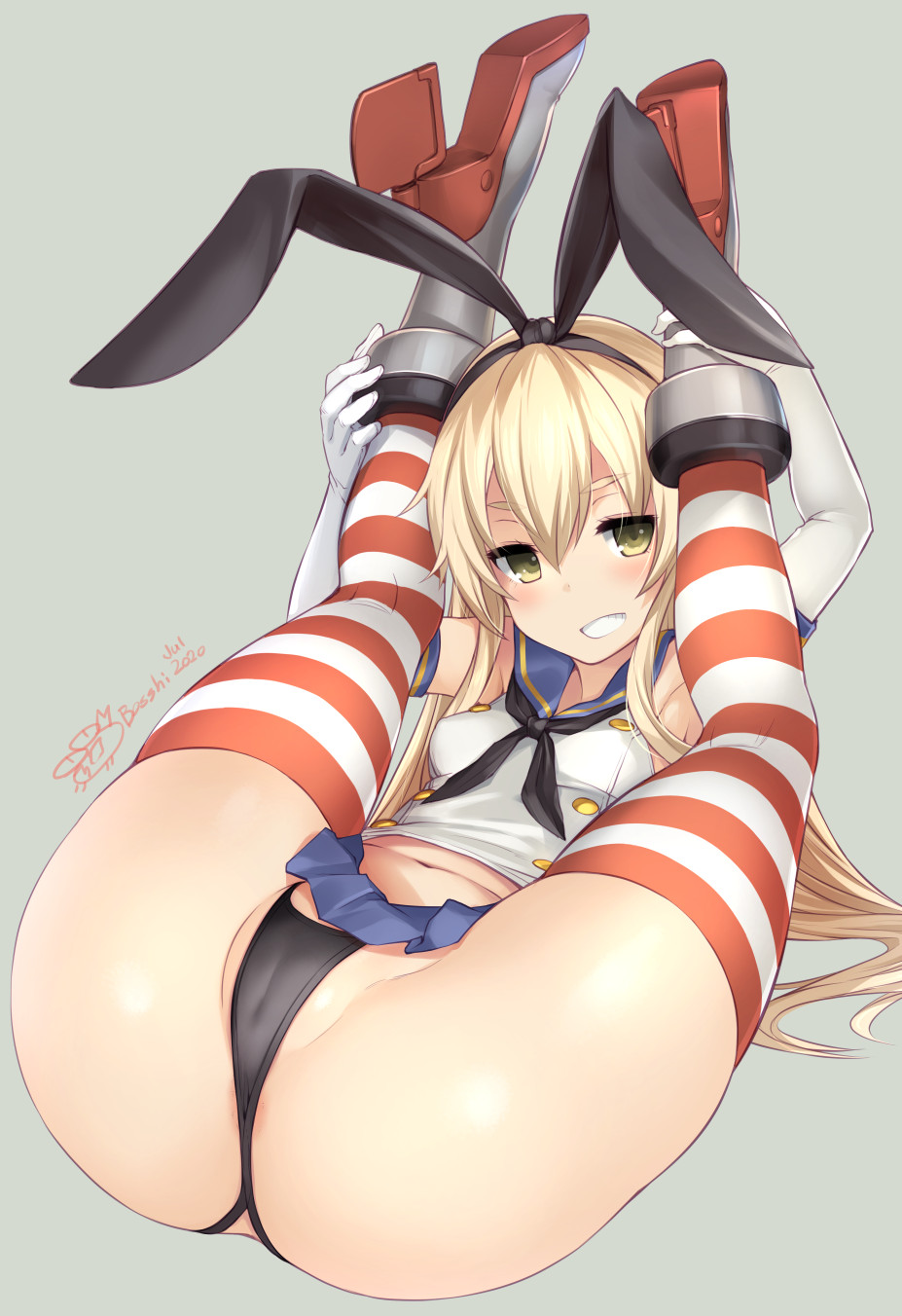 1girls, animal ears, blonde hair, bosshi, breasts, bunny ears, female, female only, folded, hair, kantai collection, legs behind head, legs up, long hair, panties, shimakaze (kantai collection), small breasts, smile, solo, striped legwear, thighhighs, yellow eyes