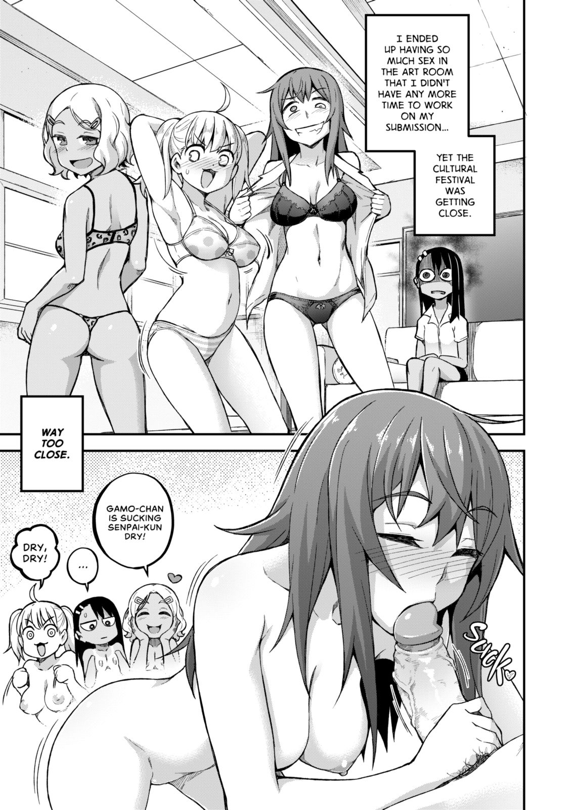 1boy, 4girls, areola, areolae, ass, big breasts, big penis, blush, breasts, cleavage, comic, english text, erection, fellatio, female, gamo-chan, ghettoyouth, hairclip, hayase nagatoro, highres, long hair, male, monochrome, multiple females, multiple girls, naoto hachioji (senpai), nipples, nude, open mouth, oral, penis, please don't bully me, nagatoro, sakura (nagatoro), sideboob, smile, tan, tanned, tanned skin, teenager, text, thong, uncensored, underwear, undressing, veiny penis, yoshi (nagatoro)