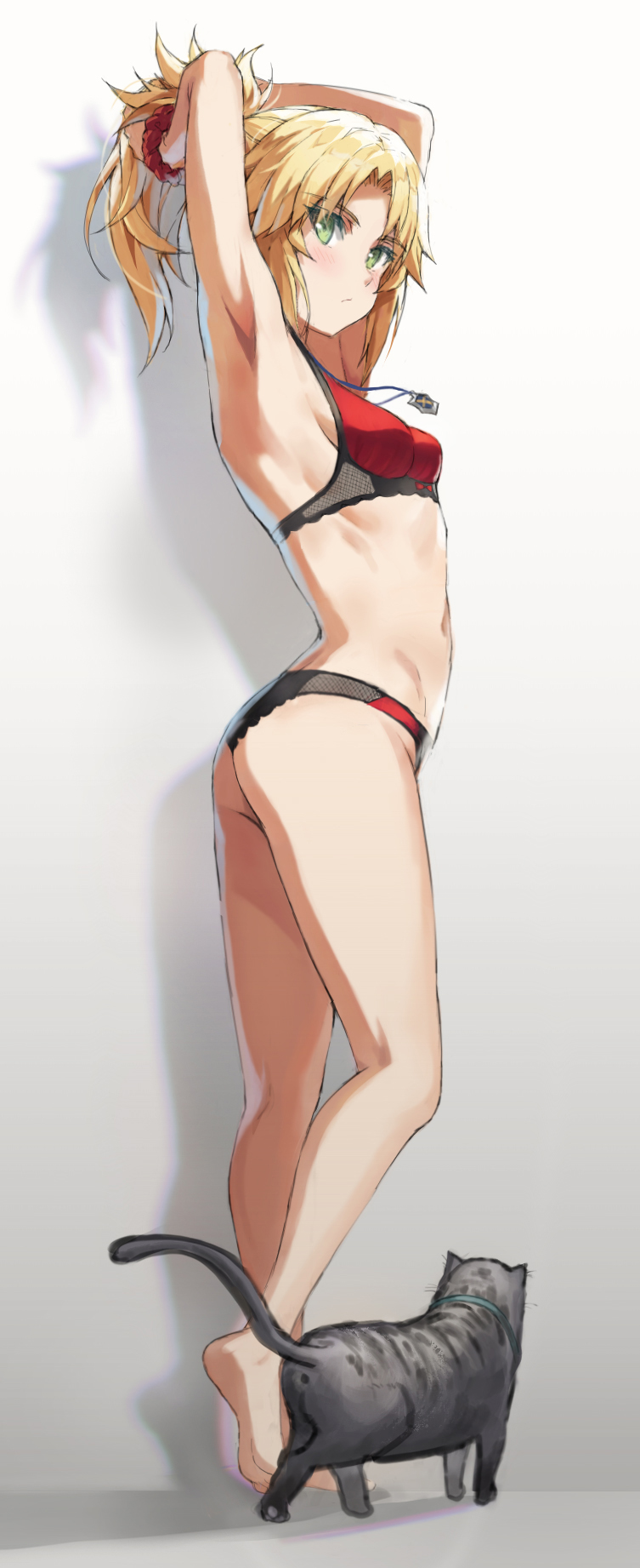 1girls armpits arms_behind_head arms_up ass ass_focus bangs bare_arms bare_legs bare_shoulders barefoot black_and_red_bra black_and_red_lingerie black_and_red_panties blonde_hair blue_collar blush bra braid breasts cat collar fate/apocrypha fate/grand_order fate_(series) feet feline female female_focus female_only french_braid full_body green_eyes hair_ornament hair_scrunchie highres jewelry legs lingerie long_hair looking_at_viewer medium_breasts midriff mordred_(fate) necklace pale-skinned_female pale_skin panties parted_bangs patreon patreon_reward pet_collar picot_trim picot_trim_bra picot_trim_lingerie picot_trim_panties ponytail red_bra red_panties scrunchie sideboob sidelocks small_breasts standing thighs tomboy toned toned_female tonee tying_hair underwear