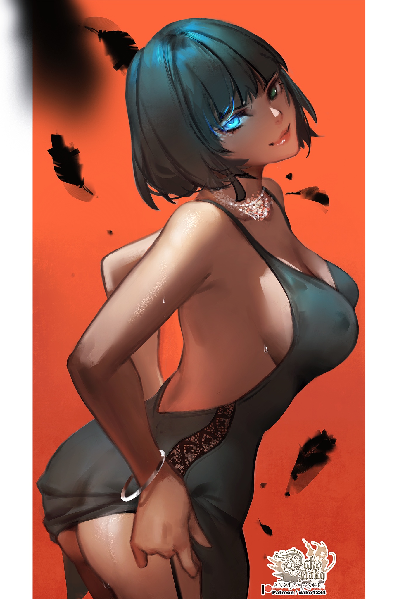1girls, arms behind back, ass, back, backless dress, big ass, black feathers, bracelet, breasts, cleavage, closed mouth, dark green hair, dark hair, dress, dress lift, erect nipple, erect nipples, erect nipples under clothes, eyebrows, feathers, female, female focus, female only, fubuki (one-punch man), glowing, green drees, green eyes, green hair, high resolution, highres, hu dako, huge ass, jewelry, lips, looking at viewer, mature, mature female, medium breasts, necklace, nipple bulge, nipples, one-punch man, orange background, presenting, presenting ass, short hair, sideboob, smile, smiling, solo, solo female, solo focus, sweat, sweatdrop, sweating, thick thighs, thighs, tight dress, two-tone background, white background, wide hips