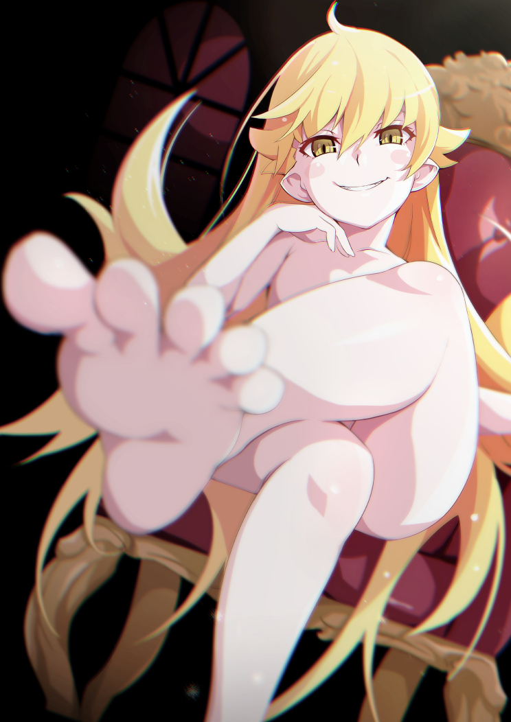 barefoot blonde_hair blurry clenched_teeth collarbone feet female foot_fetish gesugesu_ahoaho hair_between_eyes long_hair looking_at_viewer monogatari_(series) nude oshino_shinobu pointy_ears sitting smile soles solo teeth toes very_long_hair yellow_eyes