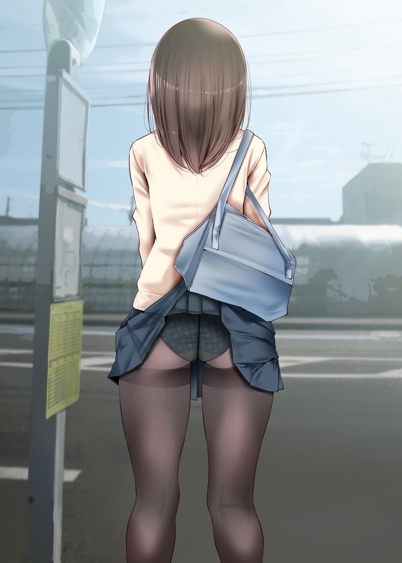 accidental_exposure ass bag black_skirt blue_panties brown_hair brown_legwear brown_shirt bus_stop commentary_request day feet_out_of_frame female from_behind long_hair long_sleeves miniskirt oouso original outdoors panties panties_under_pantyhose pantyhose pantyshot pantyshot_(standing) pleated_skirt polka_dot polka_dot_panties road school_bag school_uniform shirt skirt skirt_caught_on_bag skirt_caught_on_object solo standing street thighband_pantyhose underwear upskirt wardrobe_malfunction