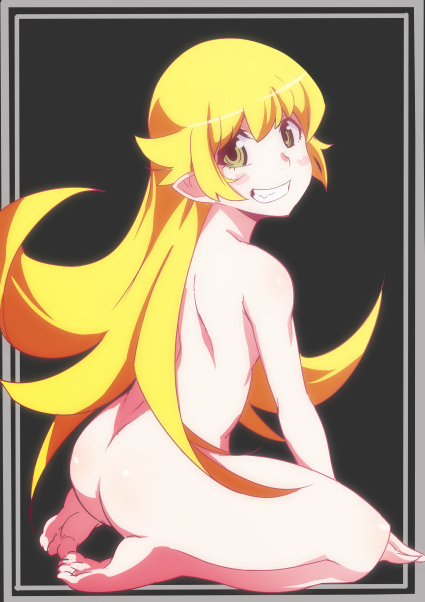 1girls arched_back ass ass_focus ass_up back_view bad_id bad_pixiv_id bangs barefoot bent_over blonde_hair blush blush_stickers crouching crouching_female fangs feet female female_focus female_only flat_chest full_body gesugesu_ahoaho grin long_hair looking_at_viewer looking_back monogatari_(series) nude oshino_shinobu pointy_ears seiza sitting sitting_on_floor small_breasts smile smiling smiling_at_viewer soles solo thighs toes vampire yellow_eyes young