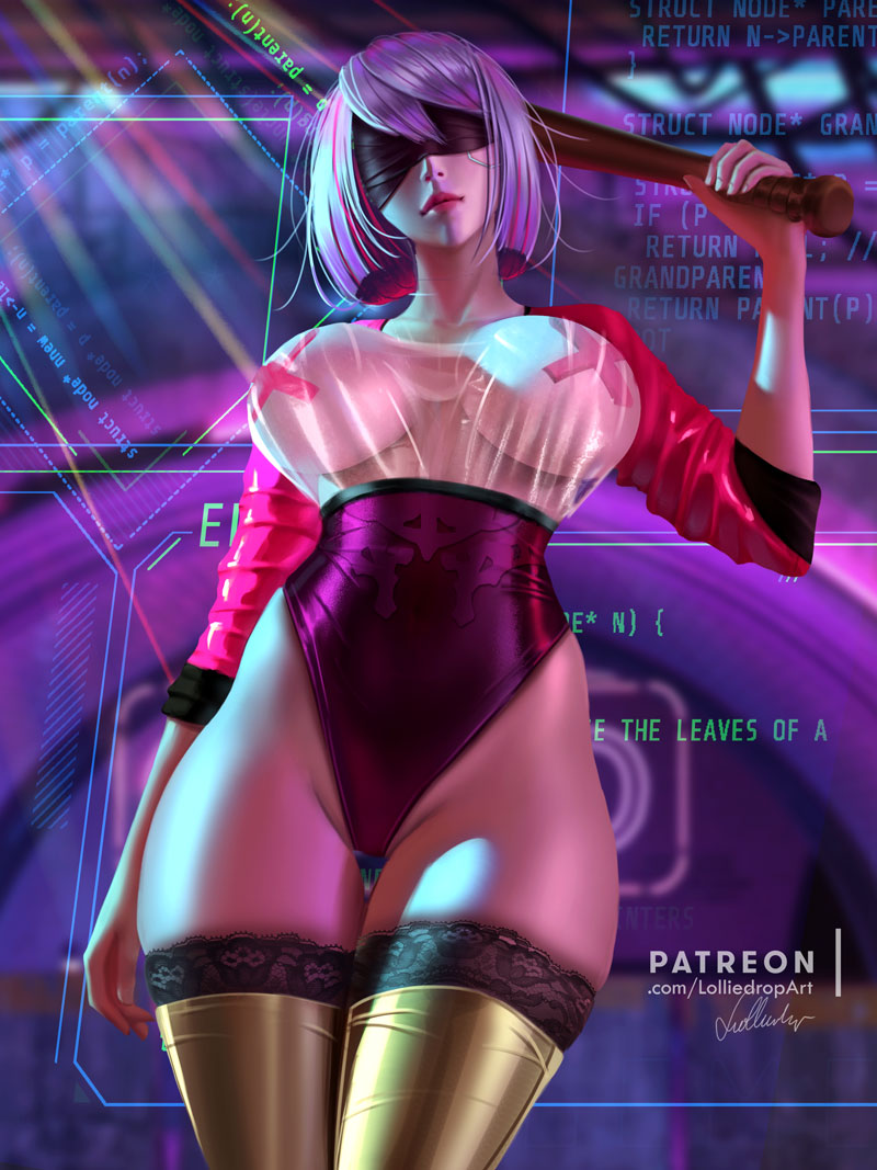 baseball_bat black_leotard blindfold cleavage covered_eyes covered_nipples covered_pussy cyberpunk highleg_leotard lace-trimmed_legwear lace-trimmed_stockings legwear leotard lips lolliedrop nier nier:_automata nipple_pasties no_bra pasties patreon_url patreon_username pinup pinup_(style) short_hair standing stockings thighs x_pasties yorha_2b