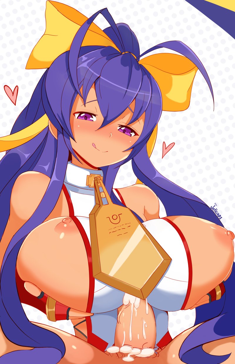 1boy, 1girls, arc system works, blazblue, blue hair, blush, bow, breasts, cum, cum on breasts, female, jellcaps, large breasts, licking lips, long hair, mai natsume, male, paizuri, paizuri under clothes