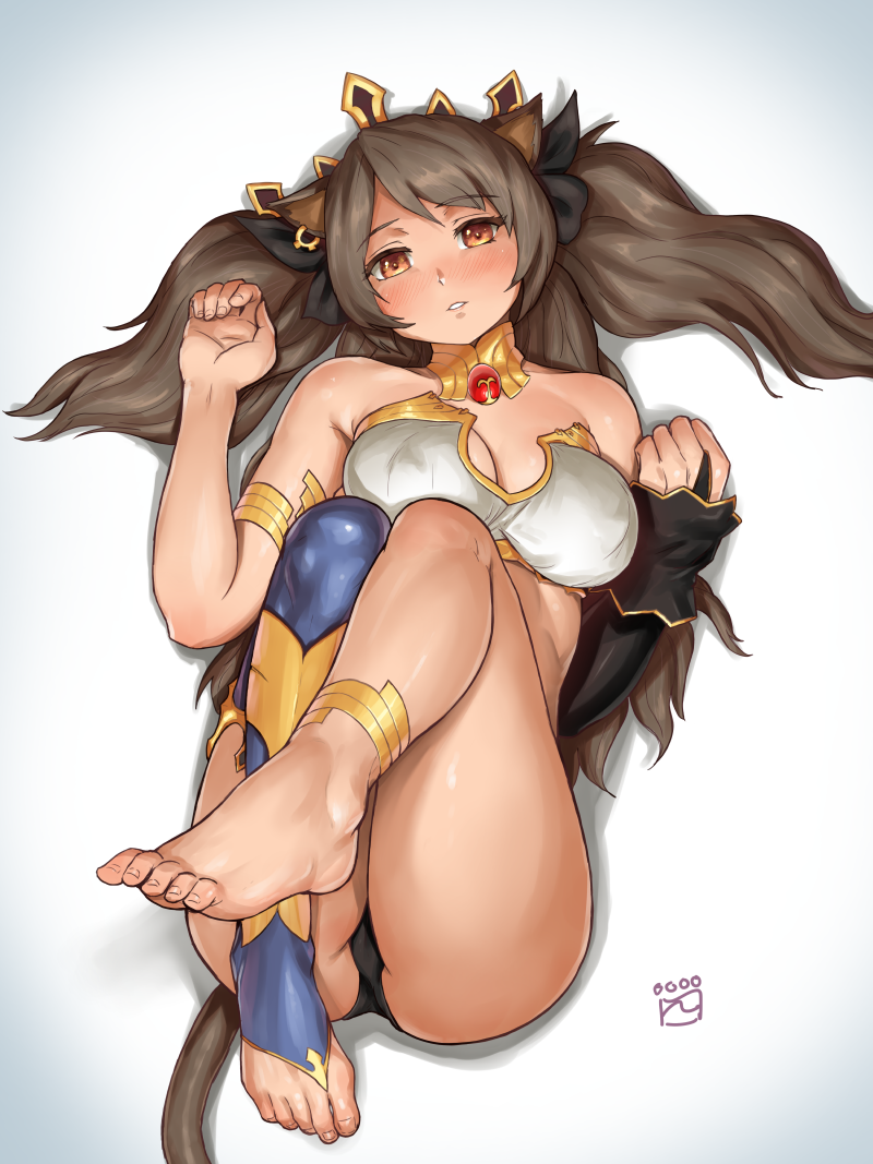 anklet arknights armlet bandeau bangs barefoot black_hair black_ribbon blush breasts brown_eyes cat_tail cleavage commentary_request cosplay detached_sleeves eyebrows_visible_through_hair fate_(series) feet female finalcake hair_ribbon hands_up head_tilt ishtar_(fate) ishtar_(fate)_(all) ishtar_(fate)_(cosplay) jewelry long_hair looking_at_viewer lying medium_breasts nipple_bulge on_back parted_lips ribbon seiyuu_connection single_thighhigh skyfire_(arknights) solo strapless tail thighhighs thighs tiara toes two_side_up