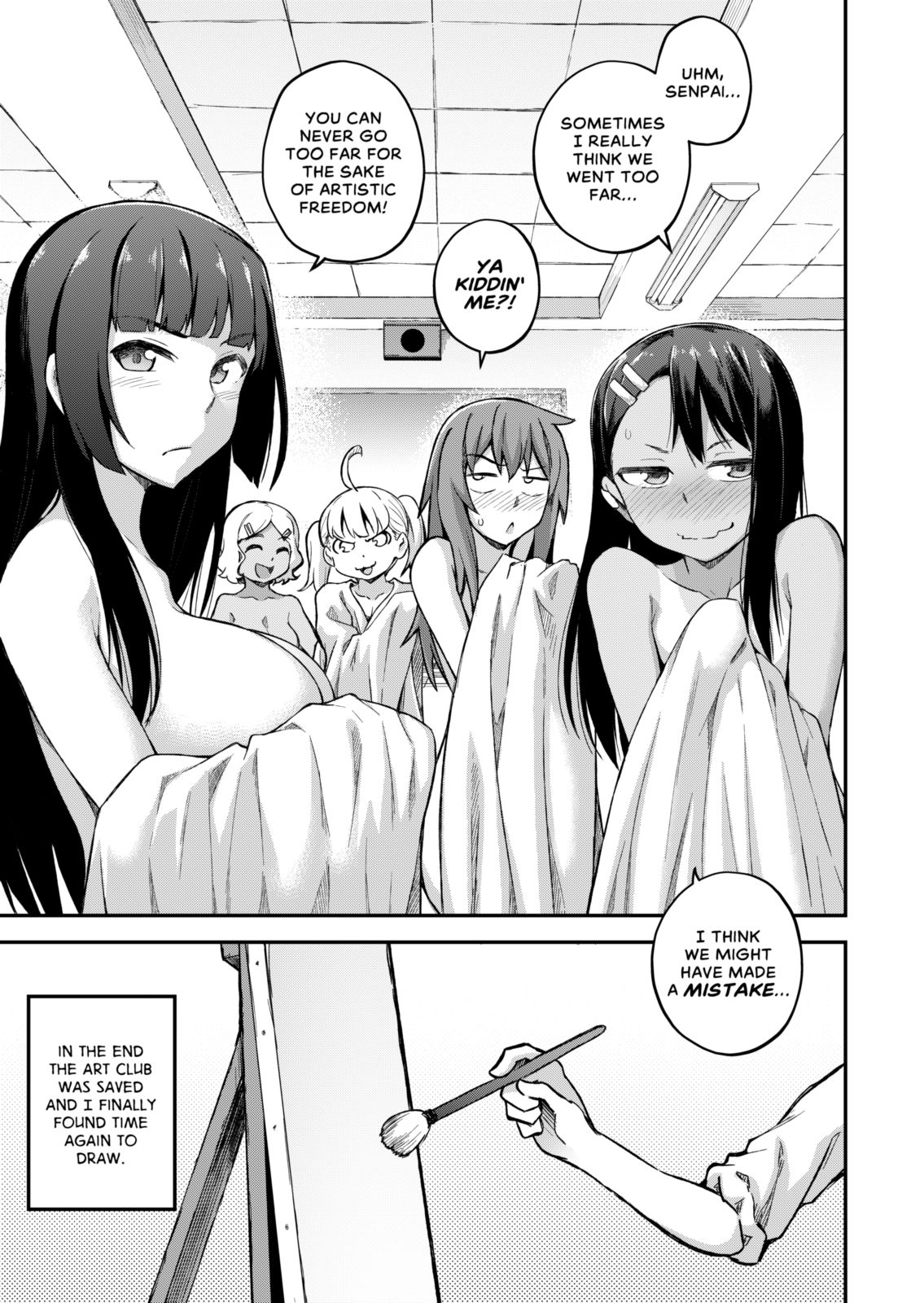 1boy, 5girls, art class, big breasts, black hair, blush, breasts, canvas, cleavage, comic, comic page, doujinshi, english text, female, gamo-chan, ghettoyouth, hayase nagatoro, holding blanket, holding sheet, holding towel, long hair, male, medium breasts, medium hair, monochrome, multiple girls, naoto hachioji (senpai), nude, please don't bully me, nagatoro, president (nagatoro), sakura (nagatoro), sana sunomiya, sheets, short hair, sideboob, small breasts, smile, tan, tanline, tanned, tanned skin, text, towel, towel only, towels, yoshi (nagatoro)