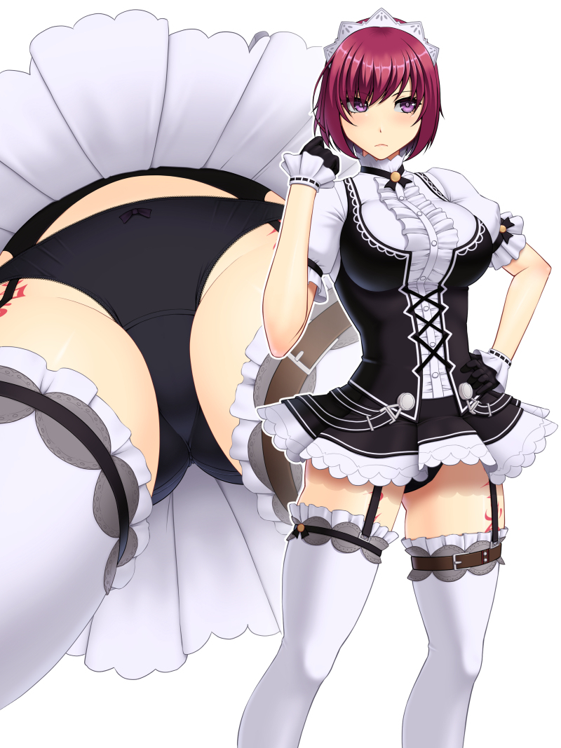 abu black_panties bow_panties clothing garter_straps maid maid_uniform minidress nel_zelpher panties purple_eyes red_hair standing star_ocean star_ocean_3 stockings tagme thighhighs upskirt