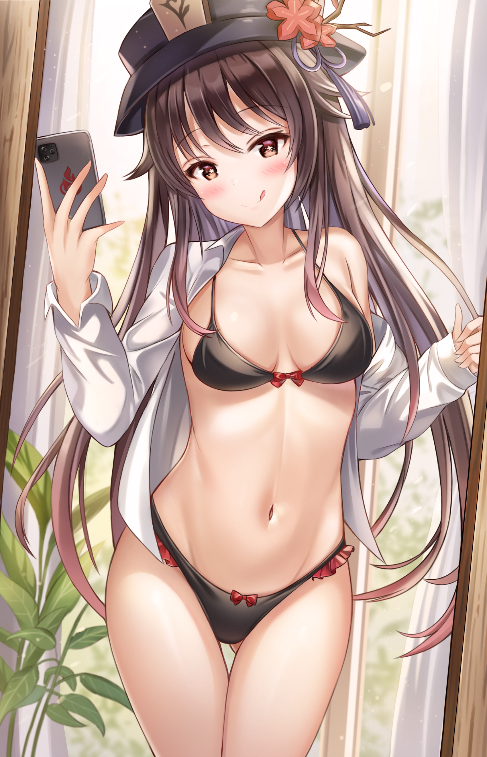1girls, belly, bikini, black bikini, blush, breasts, brown hair, cleavage, female, genshin impact, hat, hi res, hu tao (genshin impact), licking lips, petite, phone, red eyes, selfie, taking picture