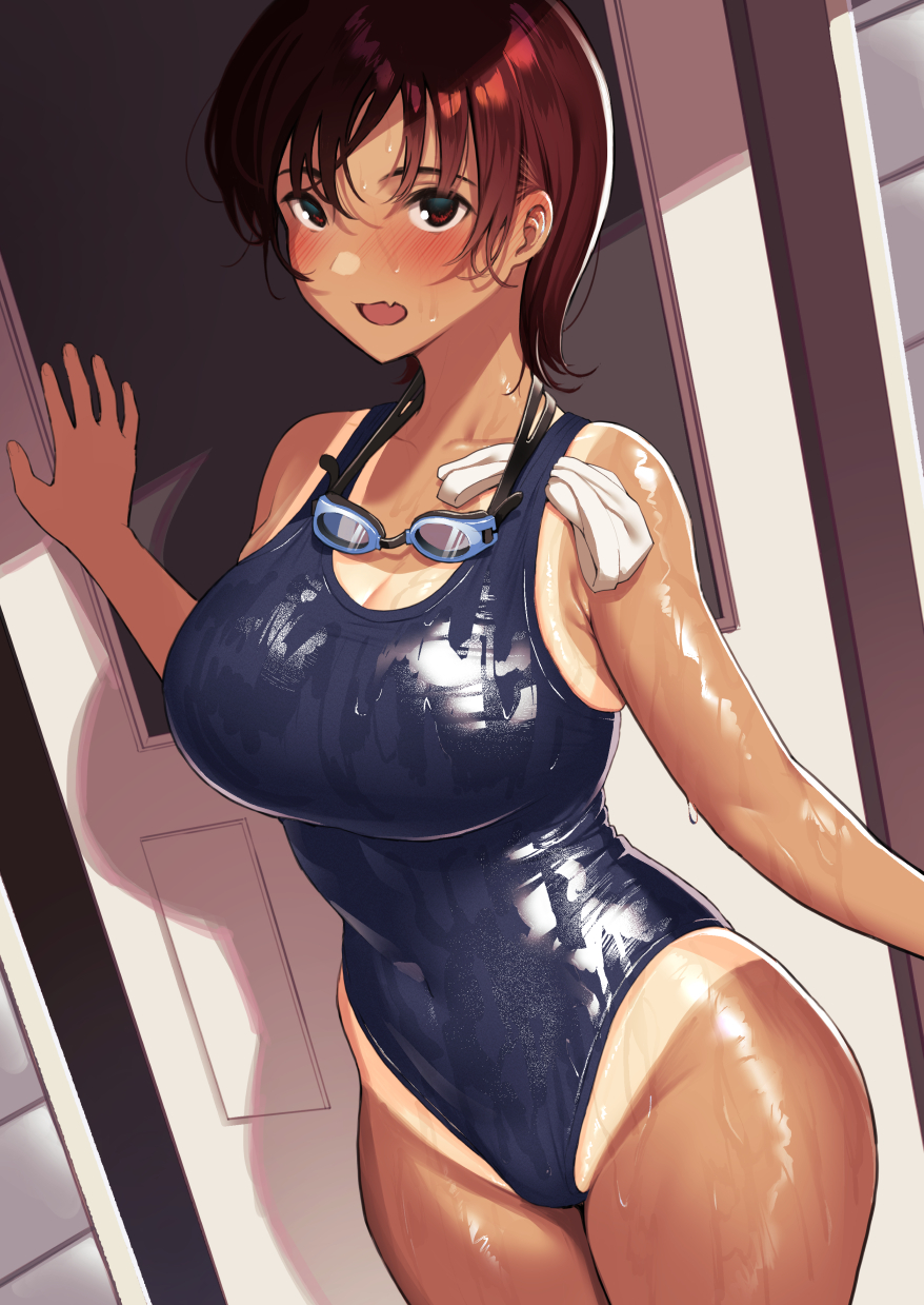 :d bangs bare_arms bare_shoulders blue_swimsuit blush breasts cleavage commentary_request competition_swimsuit covered_navel cowboy_shot door ear_blush female goggles goggles_around_neck highleg highleg_swimsuit highres large_breasts looking_at_viewer one-piece_swimsuit one-piece_tan open_door open_mouth original red_eyes red_hair shiny shiny_clothes shiny_skin short_hair skin_fang smile solo surumenium swimsuit tan tanline tight_clothing water wet wet_clothes wet_swimsuit