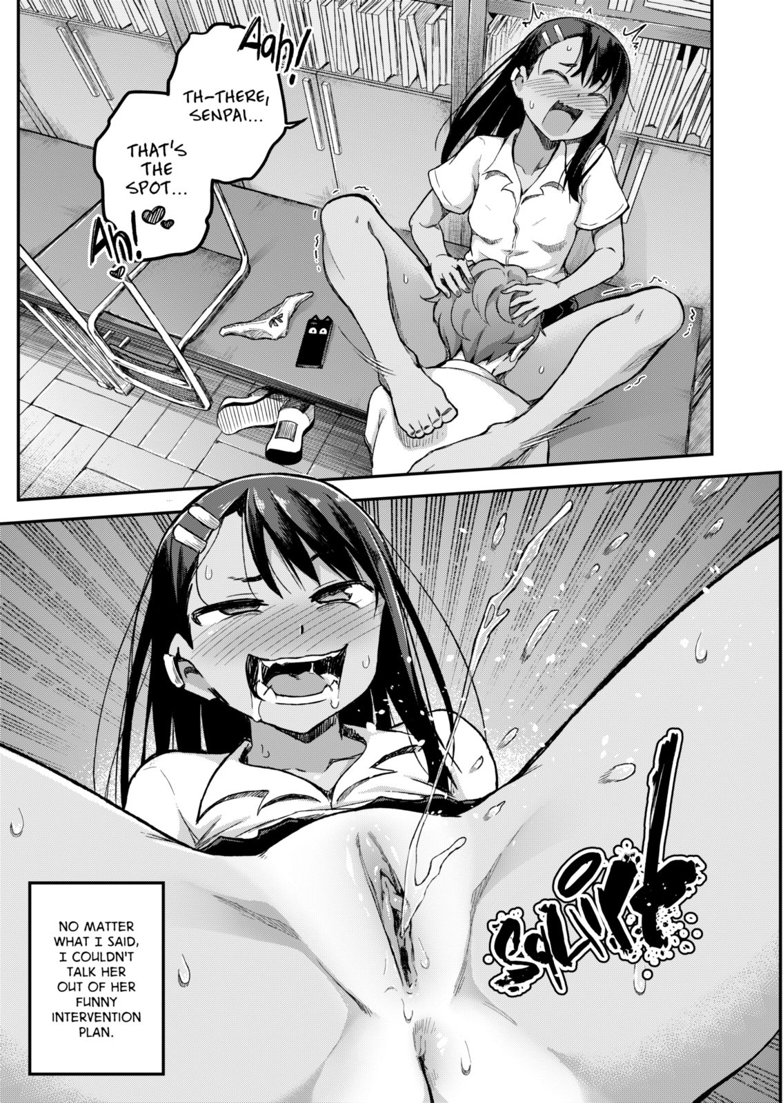 1boy, 1girls, black hair, blush, climax, closed eyes, comic, comic page, cunnilingus, doujinshi, english text, female, female ejaculation, female orgasm, femdom, ghettoyouth, hayase nagatoro, kneeling, long hair, male, monochrome, naoto hachioji (senpai), open mouth, orgasm, please don't bully me, nagatoro, pussy, pussy ejaculation, saliva, short hair, spread legs, squirting, tan, tan skin, tanline, text, uncensored