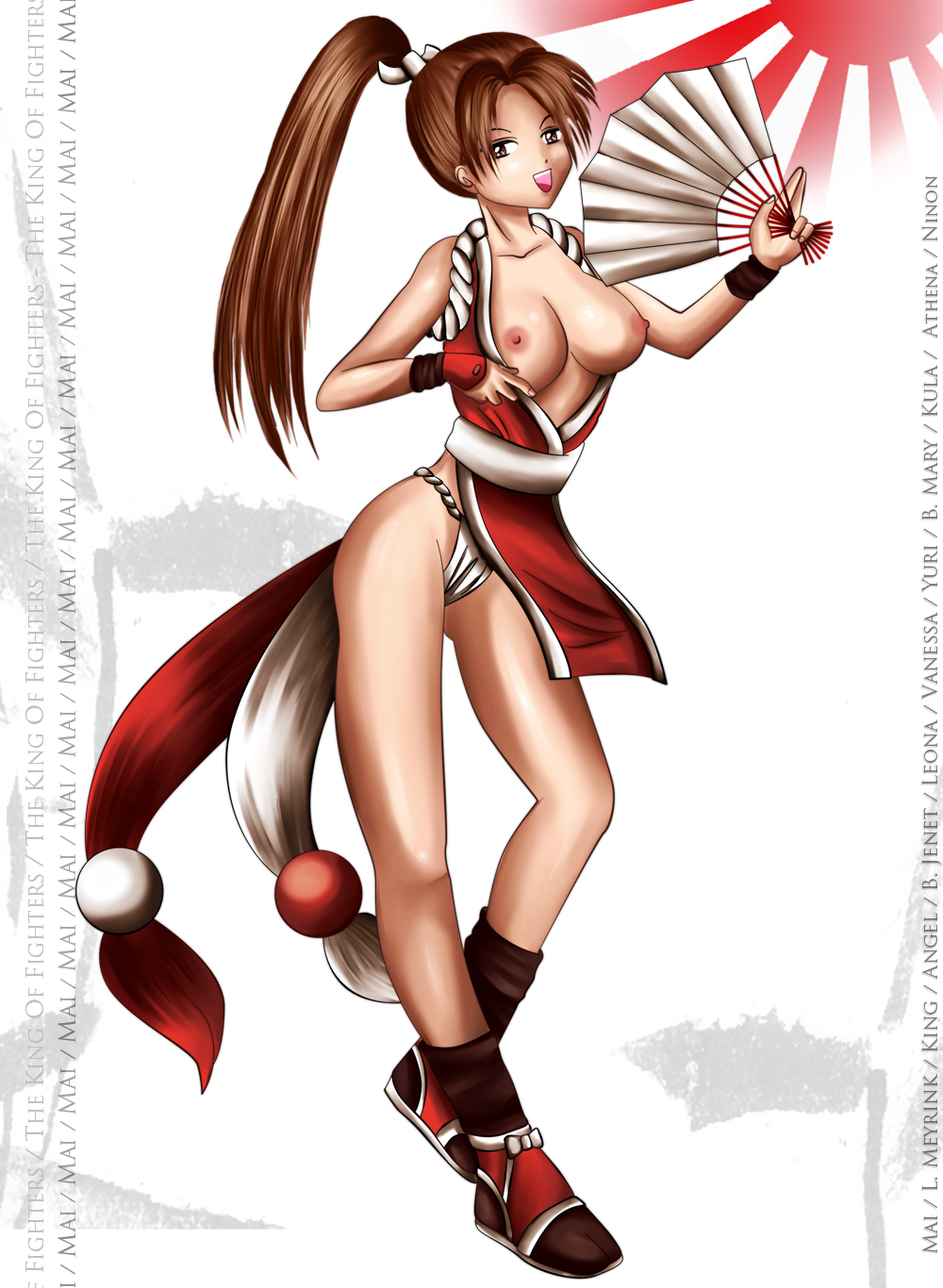 bastet-sama brown_hair fan female fingerless_gloves folding_fan fundoshi king_of_fighters large_breasts mai_shiranui open_clothes open_mouth ponytail rising_sun solo