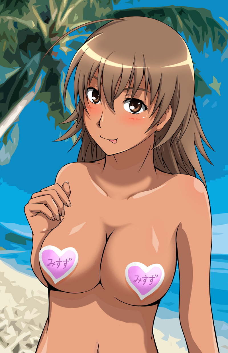 10s 1girls 2013 :p ambiguous_nudity bare_shoulders beach blush breasts brown_eyes brown_eyes_female brown_hair brown_hair_female character_name collarbone completely_nude completely_nude_female day female heart heart_pasties large_breasts light_brown_eyes light_brown_hair looking_at_viewer matching_hair/eyes mature mature_female milf misaka_misuzu nude nude_female outdoors palm_tree pasties questionable senga short_brown_hair short_hair_female smile solo tan to_aru_kagaku_no_railgun to_aru_majutsu_no_index tongue tongue_out topfreedom tree