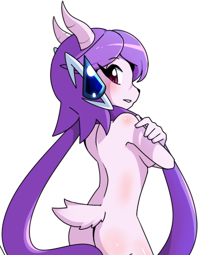 anthro aquatic_dragon asian_mythology ass blush blushing_at_viewer covering_breasts dragon female female_protagonist freedom_planet freedom_planet_2 horns kenjikanzaki05 looking_at_viewer looking_back_at_viewer nude nude_female purple_hair purple_skin sash_lilac tail twintails video_games