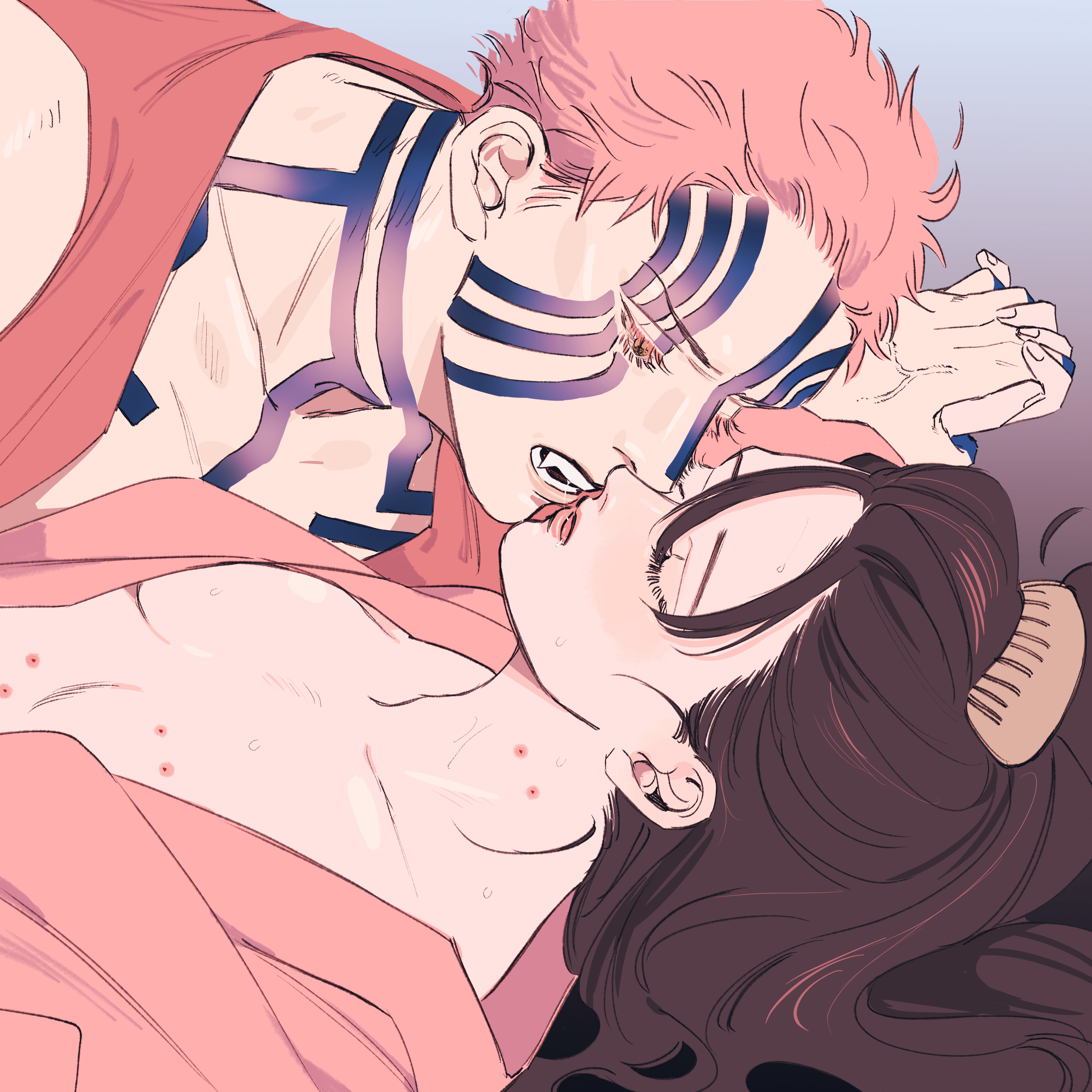 1boy, 1girls, akaza (kimetsu no yaiba), bite mark, bite marks, body markings, breasts, brown hair, canon couple, closed eyes, demon, demon boy, demon slayer, facial markings, fangs, female, holding hands, husband and wife, kimetsu no yaiba, kissing, koyuki (kimetsu no yaiba), male, open clothes, pink hair, sharp teeth, small breasts, straight