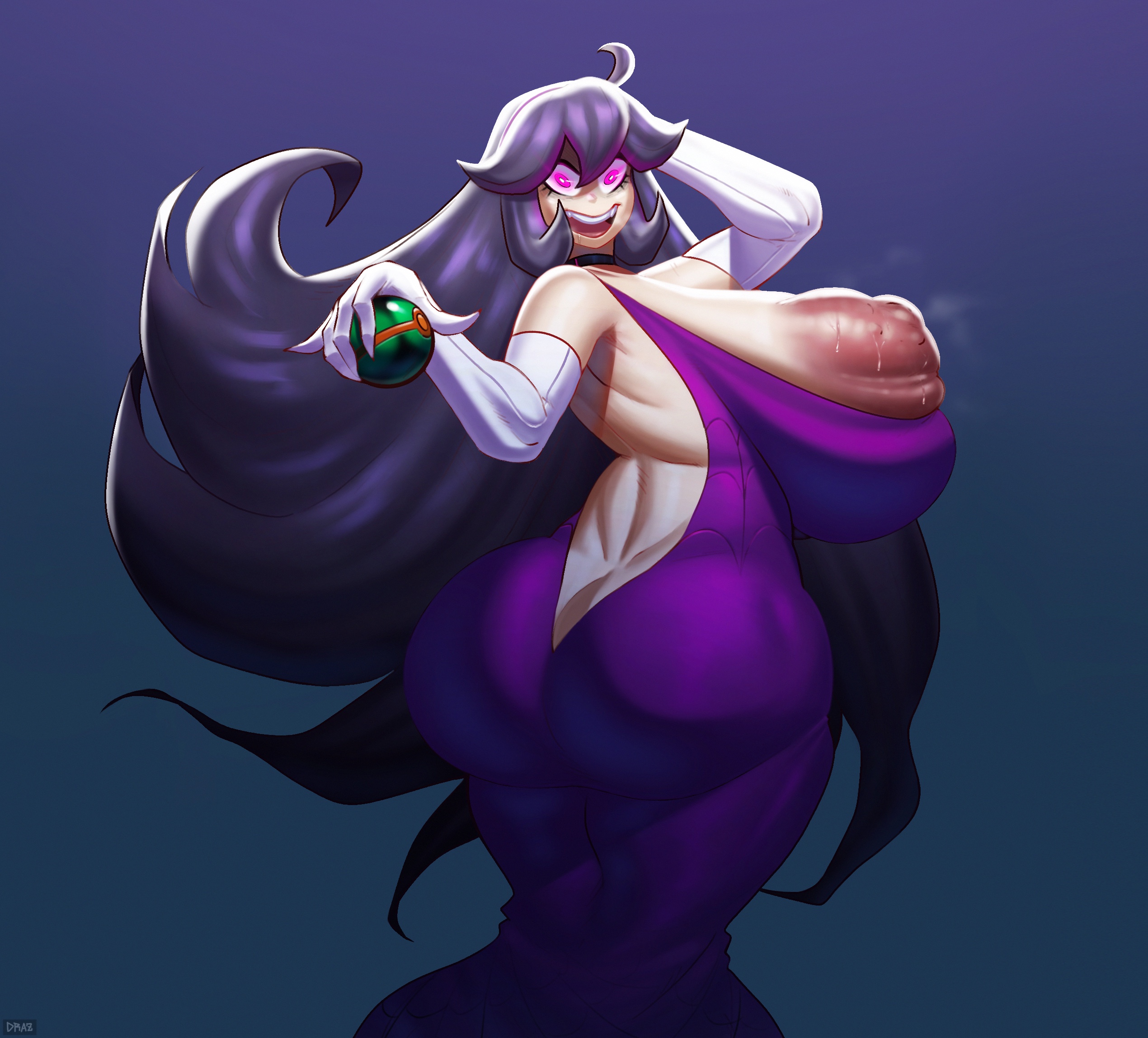 alternate breast size, ass, breasts, female, game freak, gigantic nipples, gloves, glowing eyes, hex maniac, huge breasts, large ass, large penis, male, nintendo, penis, pokeball, pokemon, pokemon xy, purple dress, sinkhaffa, steam, sweat