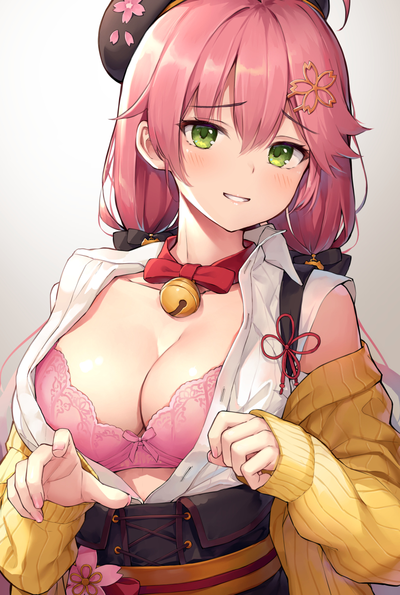 bell, belt, blush, bra, breasts, female, female focus, female only, flower ornament, green eyes, hair ornament, hat, hololive, hololive gen 0, hololive japan, large breasts, looking at viewer, necktie, oppai, pink bra, pink hair, raised eyebrows, sakura miko, smile, smiling, sweater, tied hair, virtual youtuber