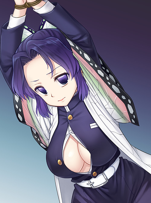 1girls, big breasts, bondage, breasts, butterfly hair ornament, cleavage, cleavage cutout, clothing, demon slayer, doujin cover, female, frown, haori, kimetsu no yaiba, kochou shinobu, nagiyama, nagiyamasugi, open shirt, purple eyes, purple hair, purple-haired female, restrained, solo, unbuttoned shirt, wrists bound