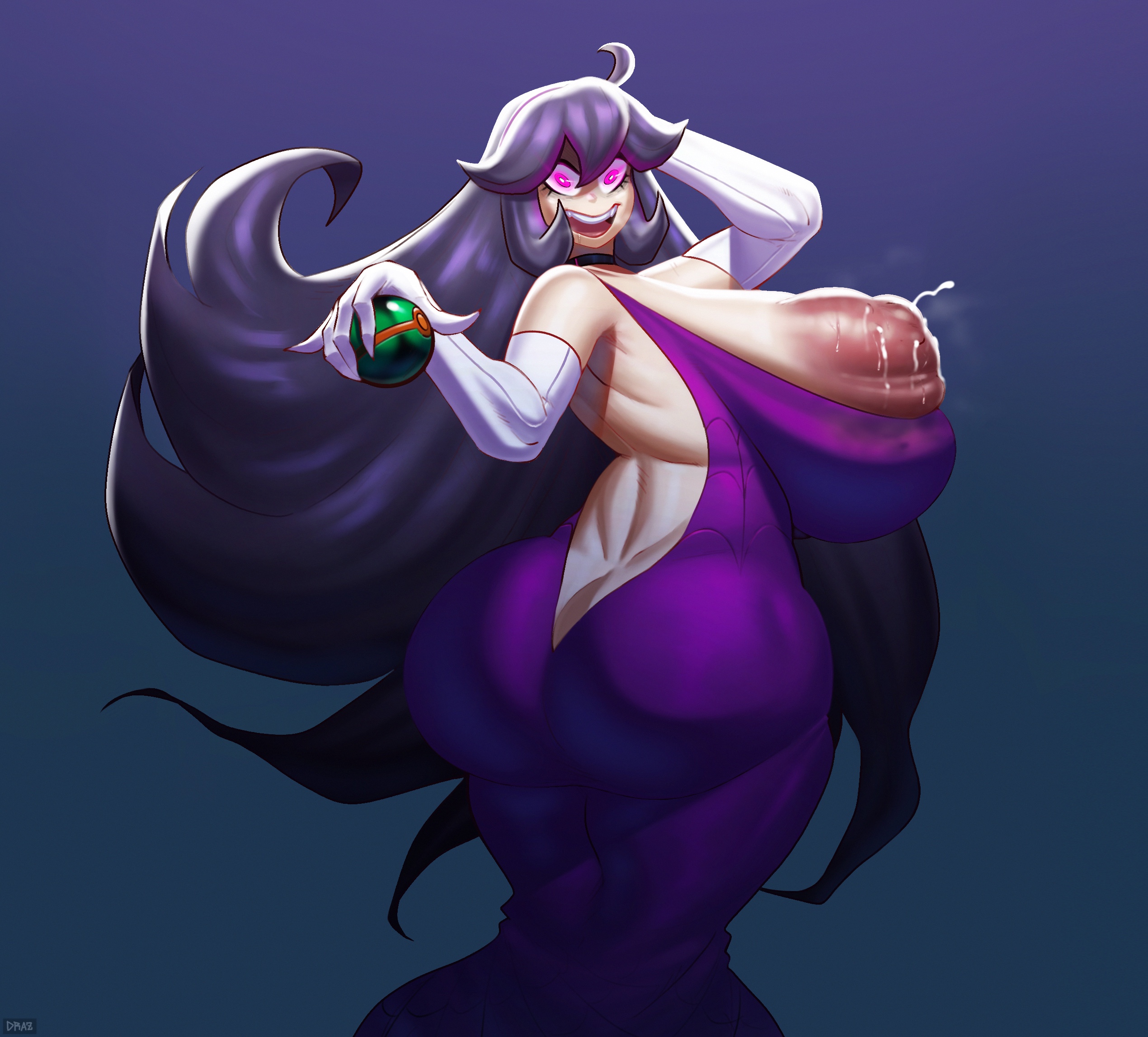 alternate breast size, ass, breasts, female, game freak, gloves, glowing eyes, hex maniac, hyper, lactating, lactation, lactation through clothes, large ass, large penis, male, nintendo, penis, pokeball, pokemon, pokemon xy, purple dress, sinkhaffa, steam, sweat