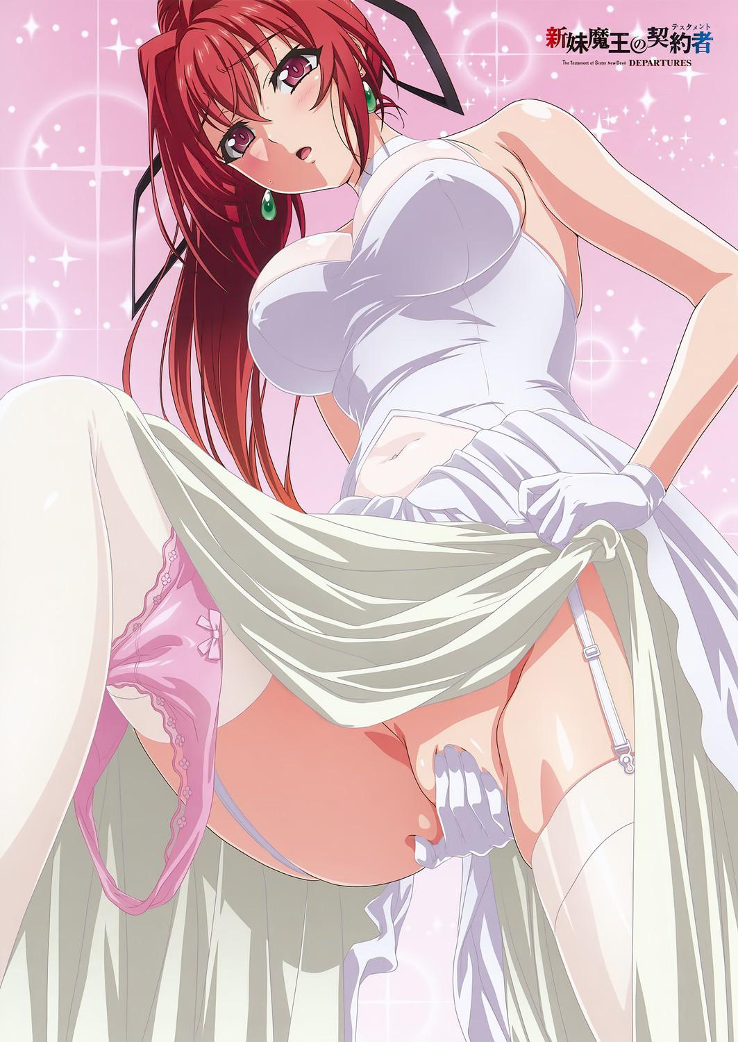 1girls big_breasts blush bottomless breasts clothed clothed_female clothes covered_pussy covering covering_crotch covering_self demon_girl dress earrings eyebrows_visible_through_hair female female_only from_below garter_belt gloves hair_intakes large_breasts leg_up legwear looking_at_viewer naruse_mio navel nipple_bulge official_art panties panties_around_leg pink_panties red_eyes red_hair shinmai_maou_no_testament skirt sleeveless_dress stockings tagme thick_thighs thighhighs wedding_dress white_gloves white_legwear