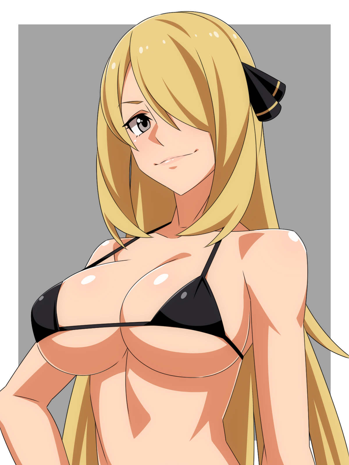 1girls, big breasts, bikini, blonde hair, breasts, cynthia (pokemon), female, grey eyes, hair ornament, long hair, nintendo, pokemon, pokemon dppt, ra pen , smile, solo