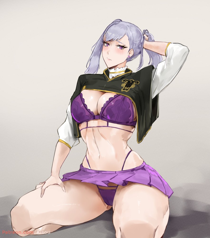 1girls big_breasts black_bulls_uniform black_clover huge_ass kisou miniskirt noelle_silva purple_bikini purple_bra purple_lingerie purple_panties silver_hair solo thick_thighs twintails wide_hips wide_thighs