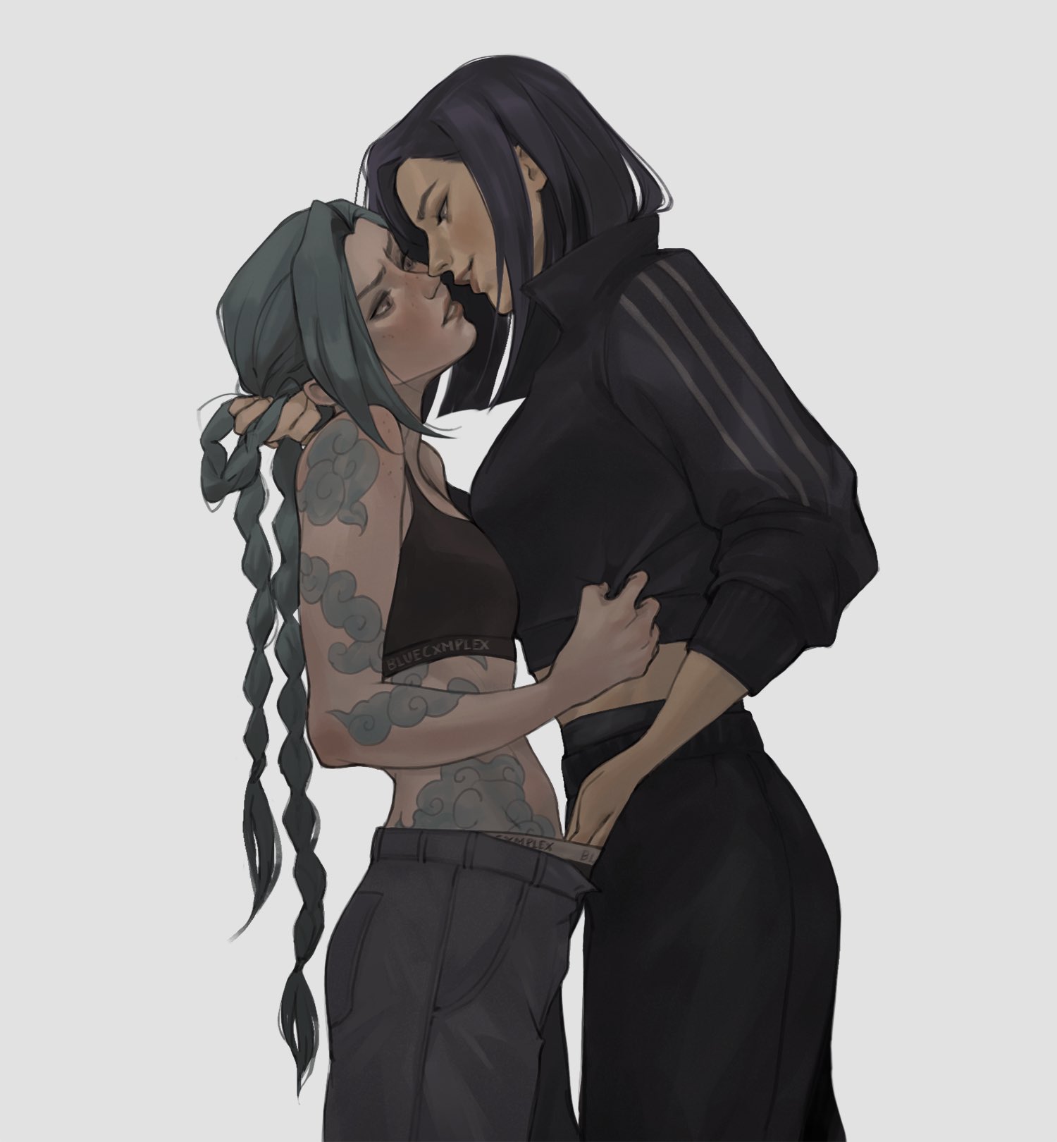 2d, 2girls, arcane, caitlyn kiramman, female, femdom, femsub, fingering, hair pull, hand under clothes, jinx (league of legends), kahelmoan, league of legends, yuri