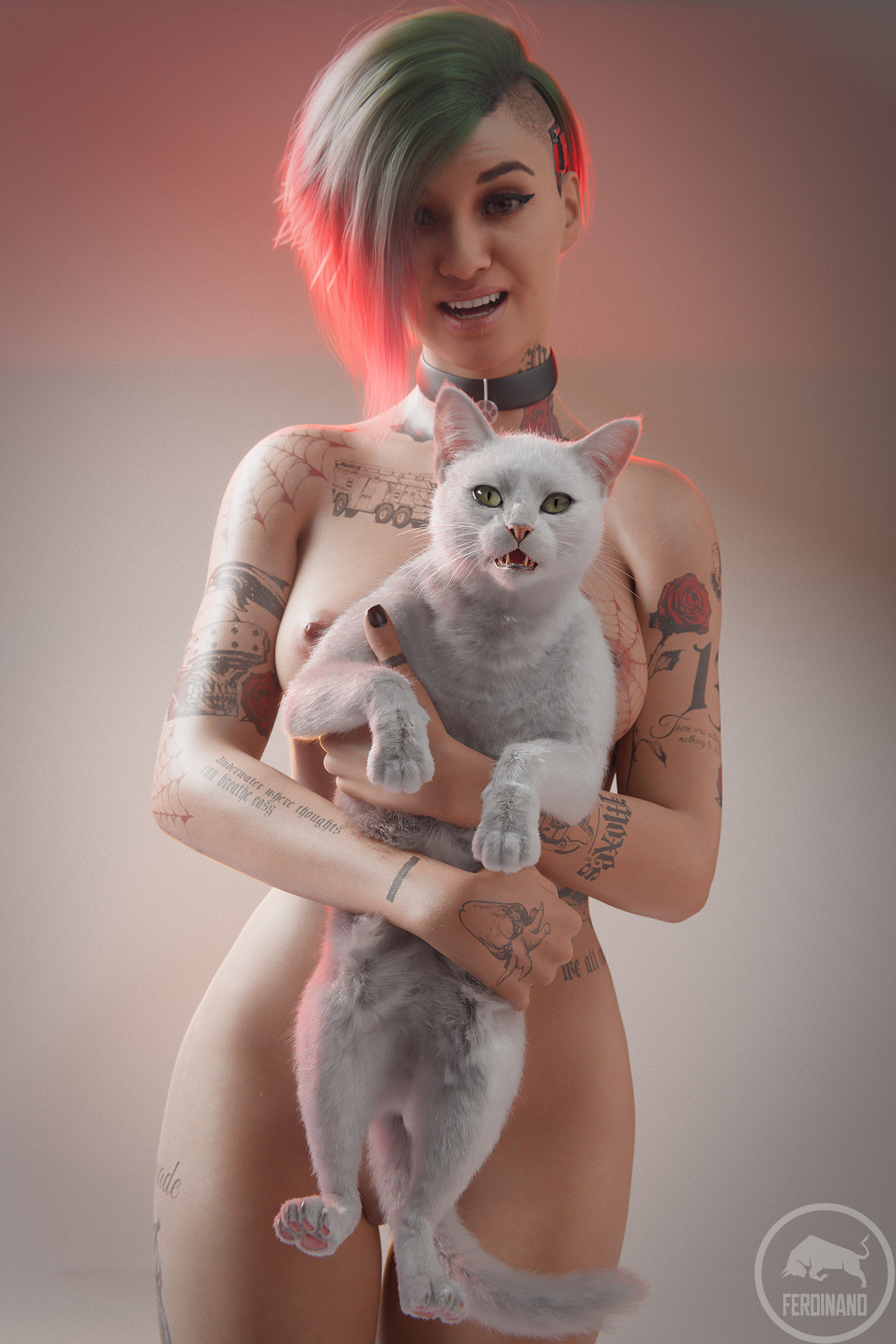 1cat, 1girls, 2026, 3d, areolae, black nail polish, breasts, brown eyes, cat collar, collar, cowboy shot, cyberpunk 2077, dyed hair, eyeliner, feline, female, female only, ferdinand (artist), front view, green and purple hair, holding animal, holding cat, holding object, judy alvarez, lipstick, looking at viewer, medium breasts, nail polish, nipples, painted nails, partially visible vulva, pussy peek, shaved side, short hair, simple background, smile, solo, standing, thigh gap, vulva, white cat, wide smile, winged eyeliner