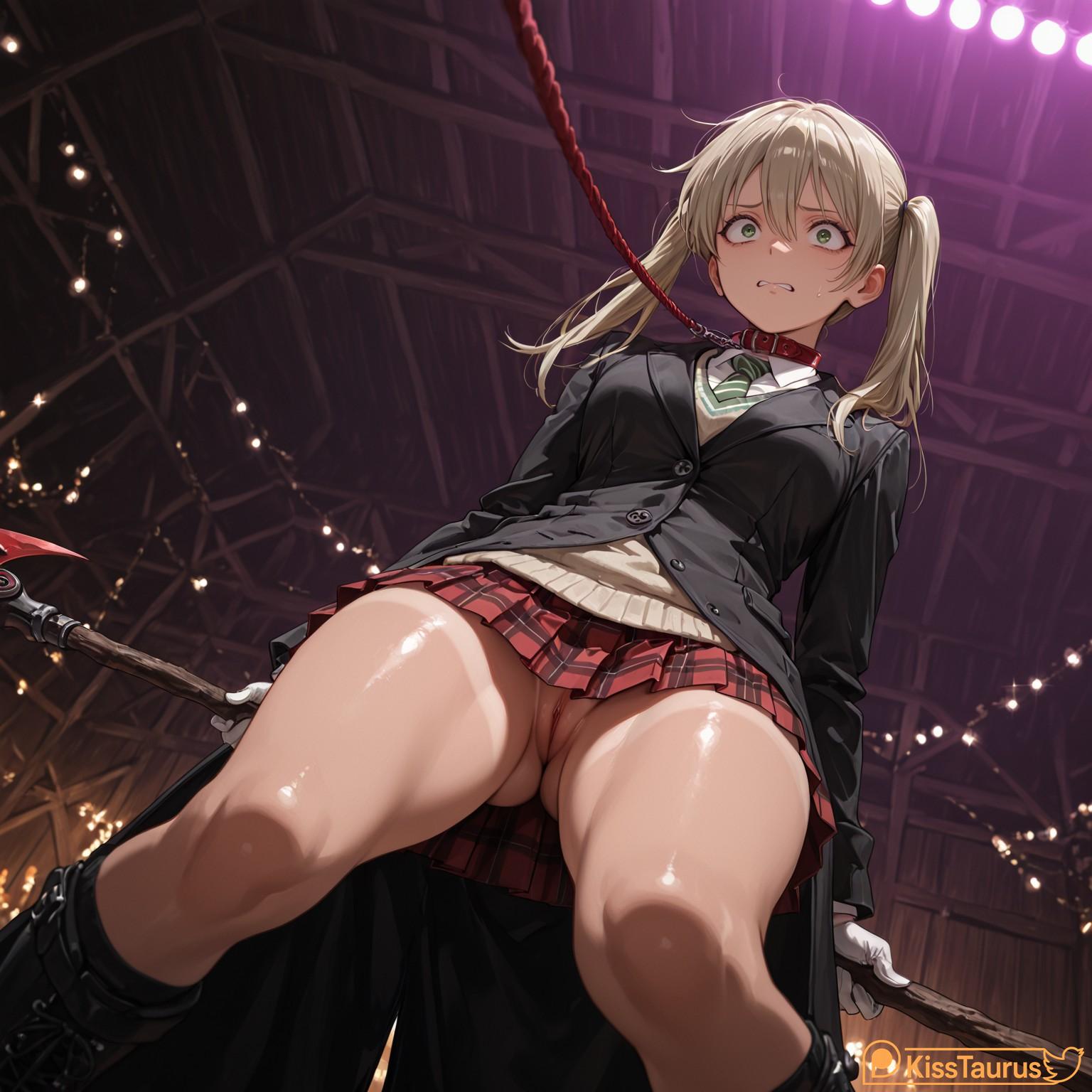1girl, ai generated, ass visible through thighs, bdsm, bdsm gear, black coat, black footwear, black jacket, blazer, blonde hair, blush, bondage, boots, breasts, censored, chains, choker, cleft of venus, clenched teeth, coat, collar, female, from below, gloves, green eyes, green necktie, hair between eyes, holding, indoors, jacket, kisstaurus, leash, long hair, long sleeves, looking at viewer, looking down, maka albarn, miniskirt, mosaic censoring, necktie, no panties, patreon logo, patreon username, pet play, plaid, plaid skirt, pleated skirt, pussy, red collar, red skirt, scary, school uniform, scythe, shiny skin, skirt, solo, soul eater, standing, striped necktie, teeth, thighs, twintails, uncensored, upskirt, weapon, white gloves