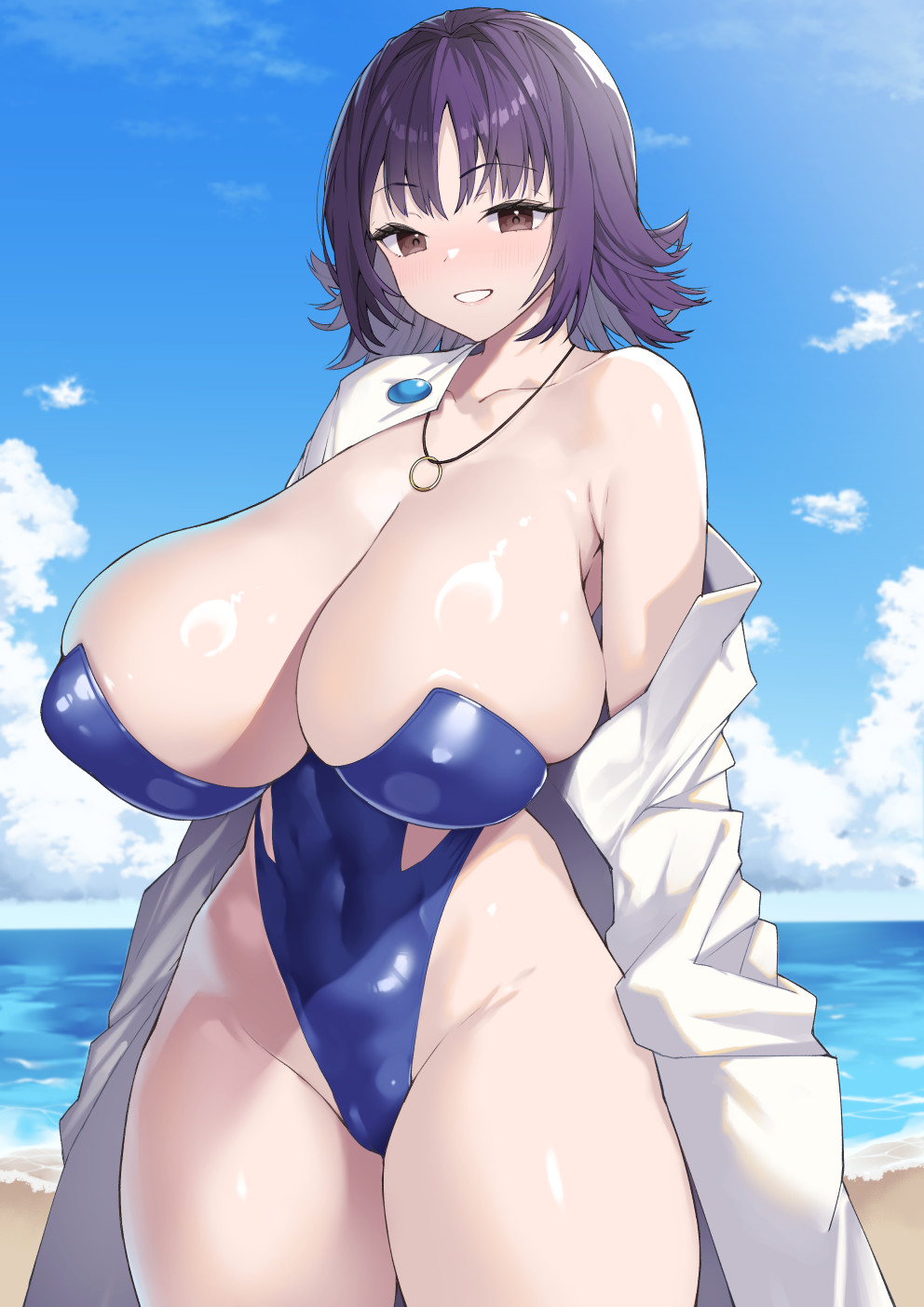 1girls, beach, big breasts, breasts, brown eyes, coat, female, female only, hair, huge breasts, labcoat, large breasts, mature, mature female, nagase haruhito, necklace, neckwear, philena ivy, pokemon, pokemon (anime), purple hair, purple swimsuit, short hair, smile, solo, solo female, swimsuit, swimwear, thighs