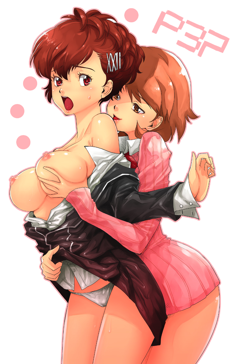 blush boyaking breast_grab breasts brown_eyes brown_hair cameltoe curvy female female_protagonist_(persona_3) heroine highres hug hug_from_behind kotone_shiomi megami_tensei multiple_girls nipples open_clothes open_shirt panties persona persona_3 persona_3_portable red_eyes red_hair school_uniform shin_megami_tensei shirt short_hair underwear yukari_takeba yuri