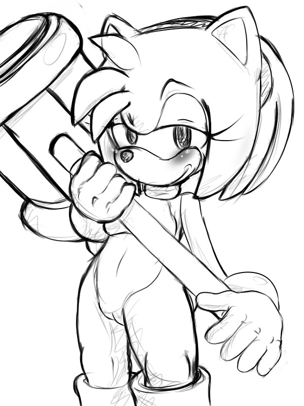 af-js amy_rose anthro blush female female_only fur furry furry_only gloves hedgehog monochrome nude piko-piko_hammer piko_piko_hammer short_hair simple_background smile solo sonic_(series) standing uncensored white_background